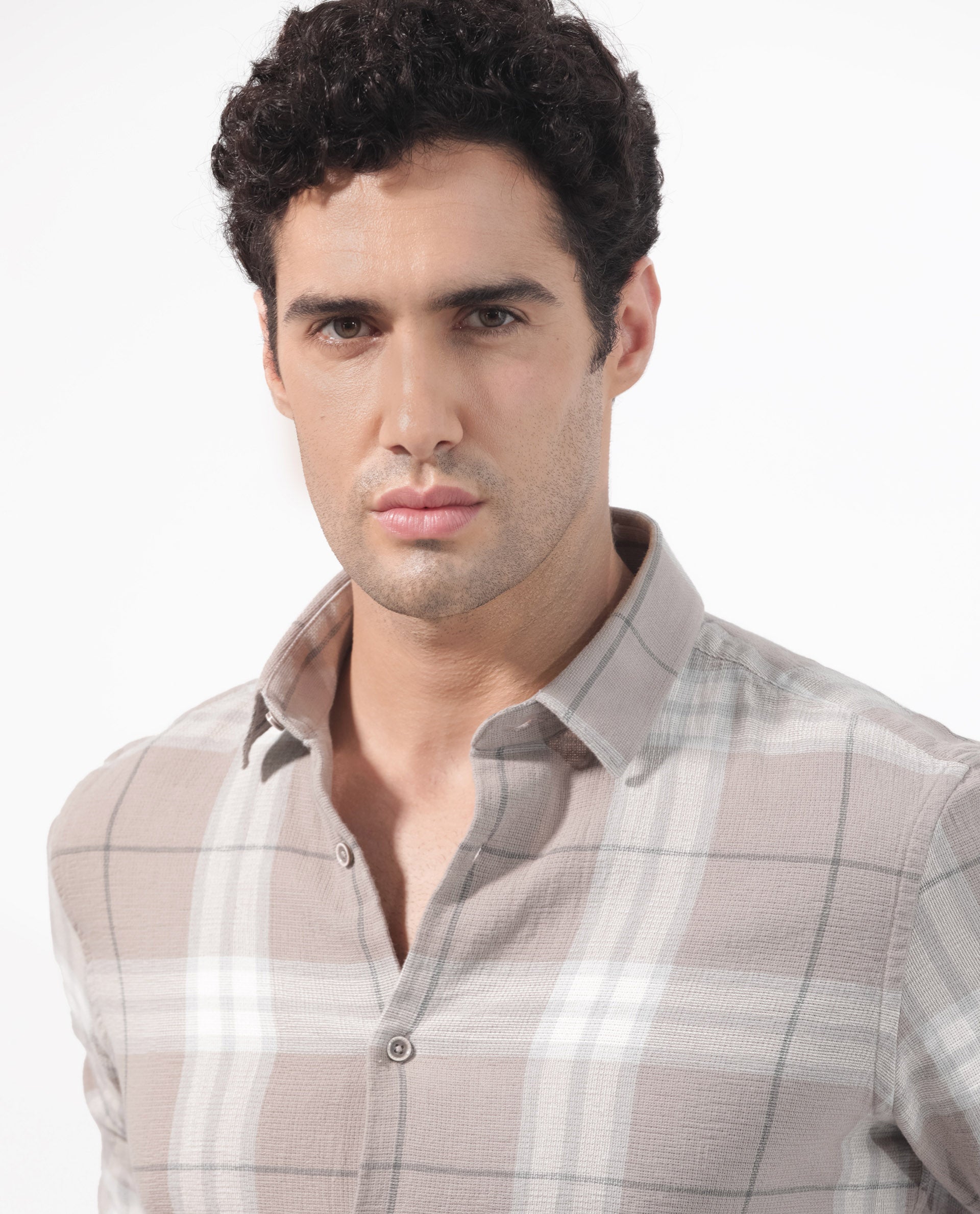 Rare Rabbit Men's Melfi Light Brown Cotton Fabric Full Sleeves Checks Shirt