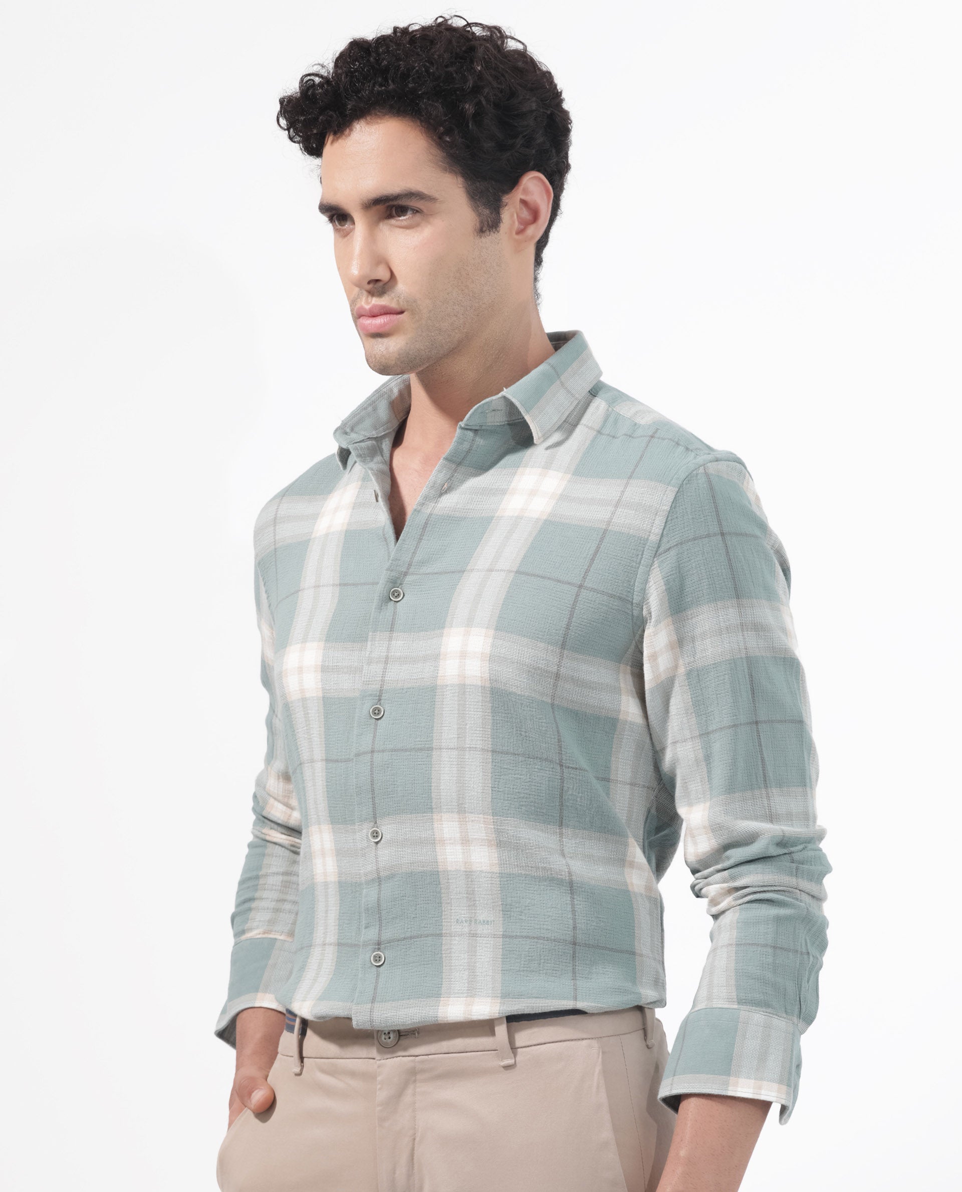 Rare Rabbit Mens Melfi Teal Cotton Fabric Full Sleeves Regular Fit Checks Shirt