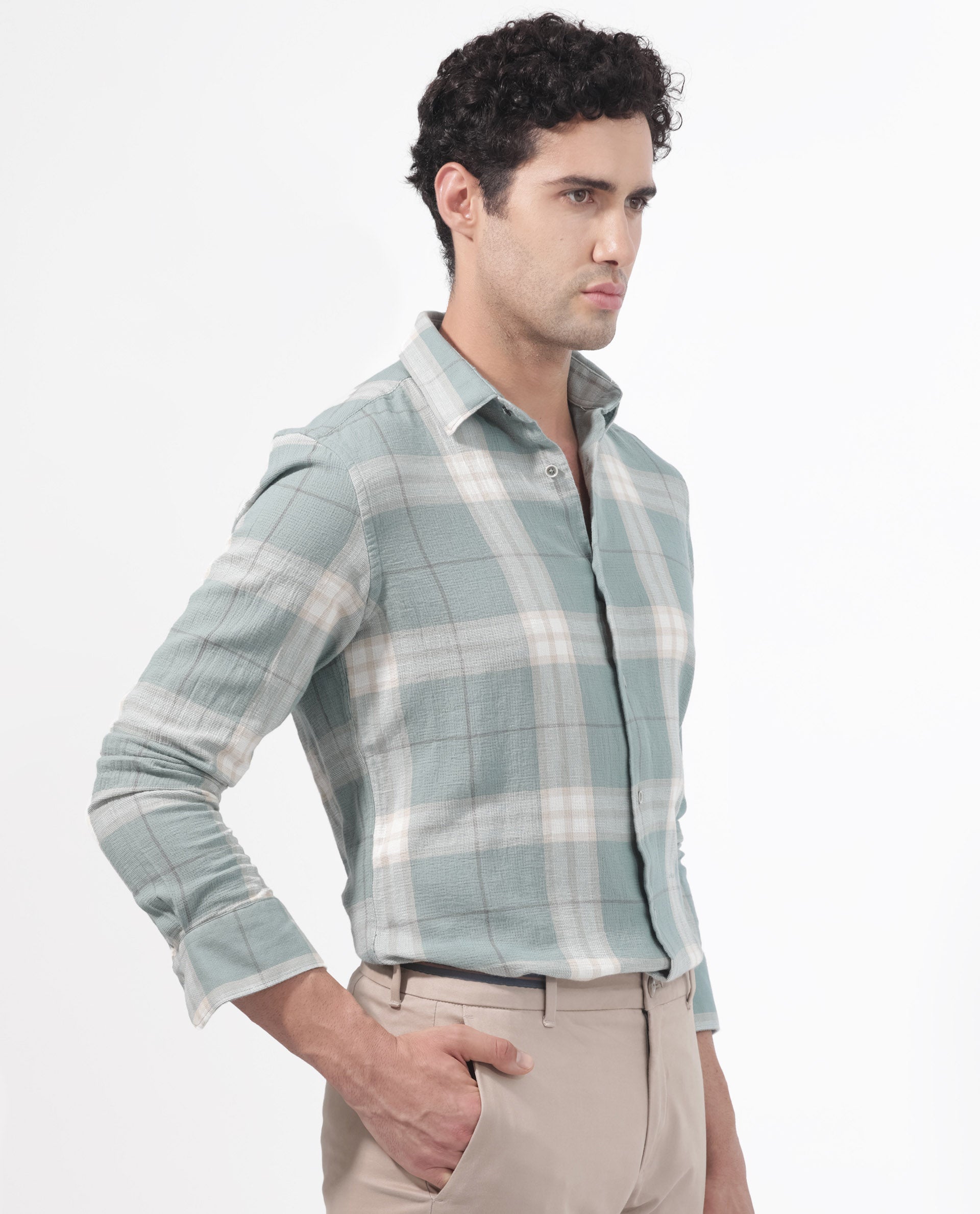 Rare Rabbit Mens Melfi Teal Cotton Fabric Full Sleeves Regular Fit Checks Shirt