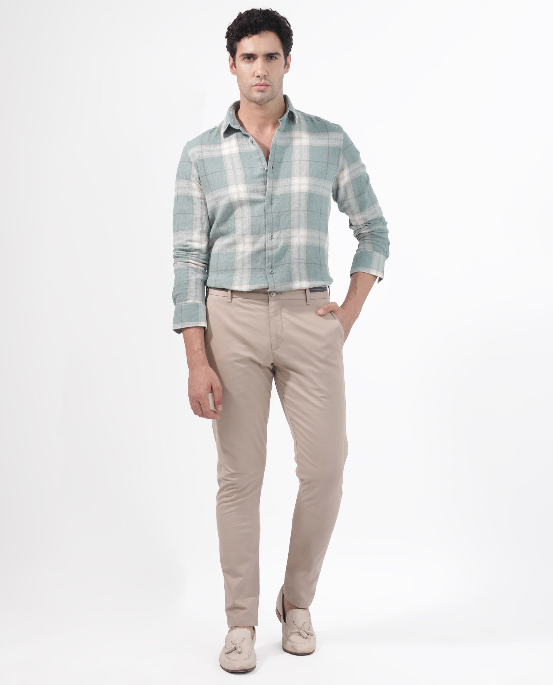 Rare Rabbit Mens Melfi Teal Cotton Fabric Full Sleeves Regular Fit Checks Shirt