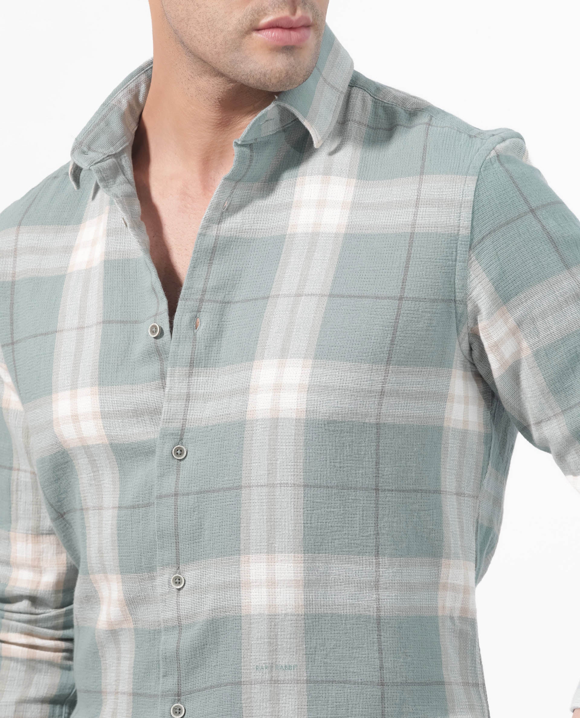 Rare Rabbit Mens Melfi Teal Cotton Fabric Full Sleeves Regular Fit Checks Shirt