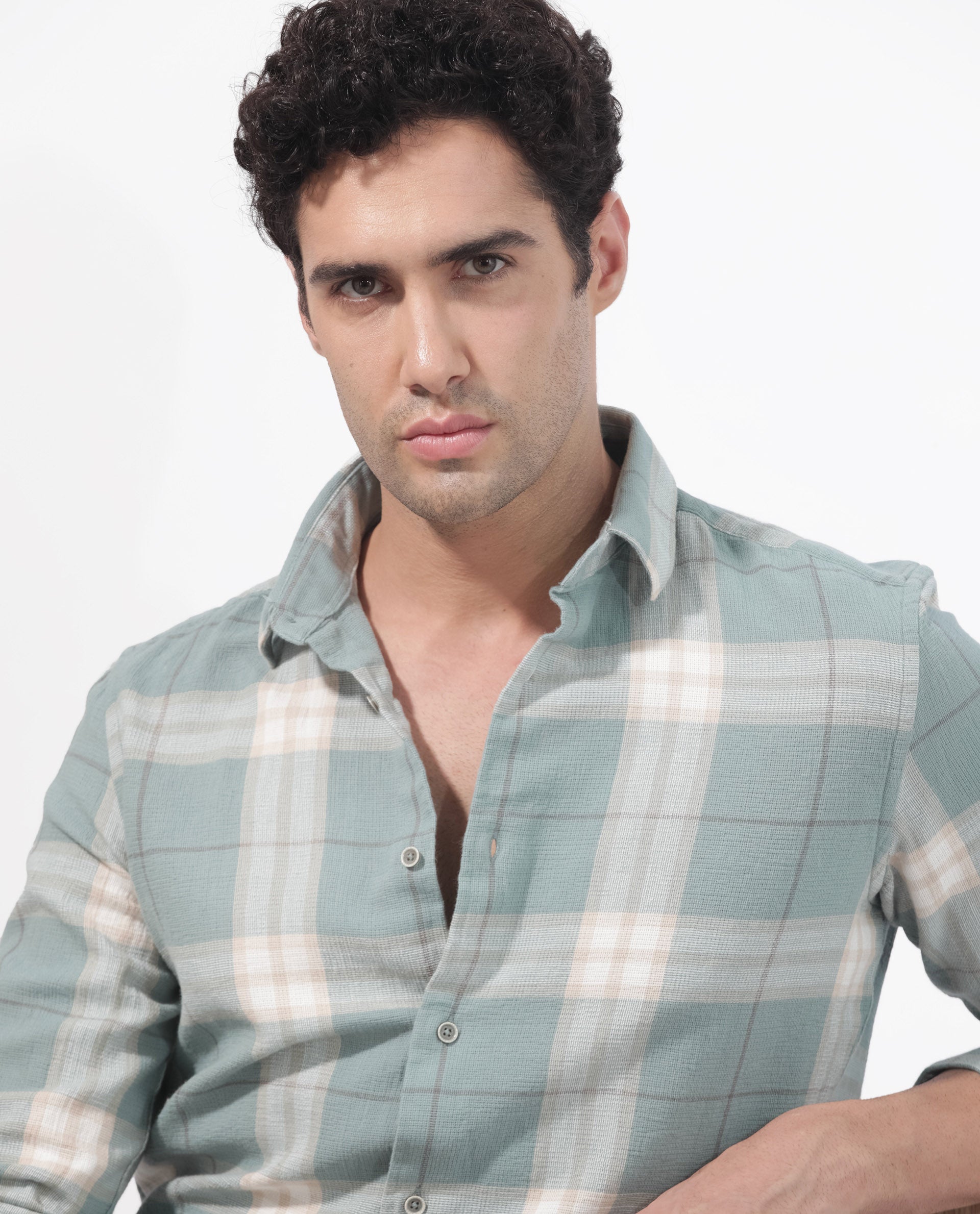 Rare Rabbit Mens Melfi Teal Cotton Fabric Full Sleeves Regular Fit Checks Shirt