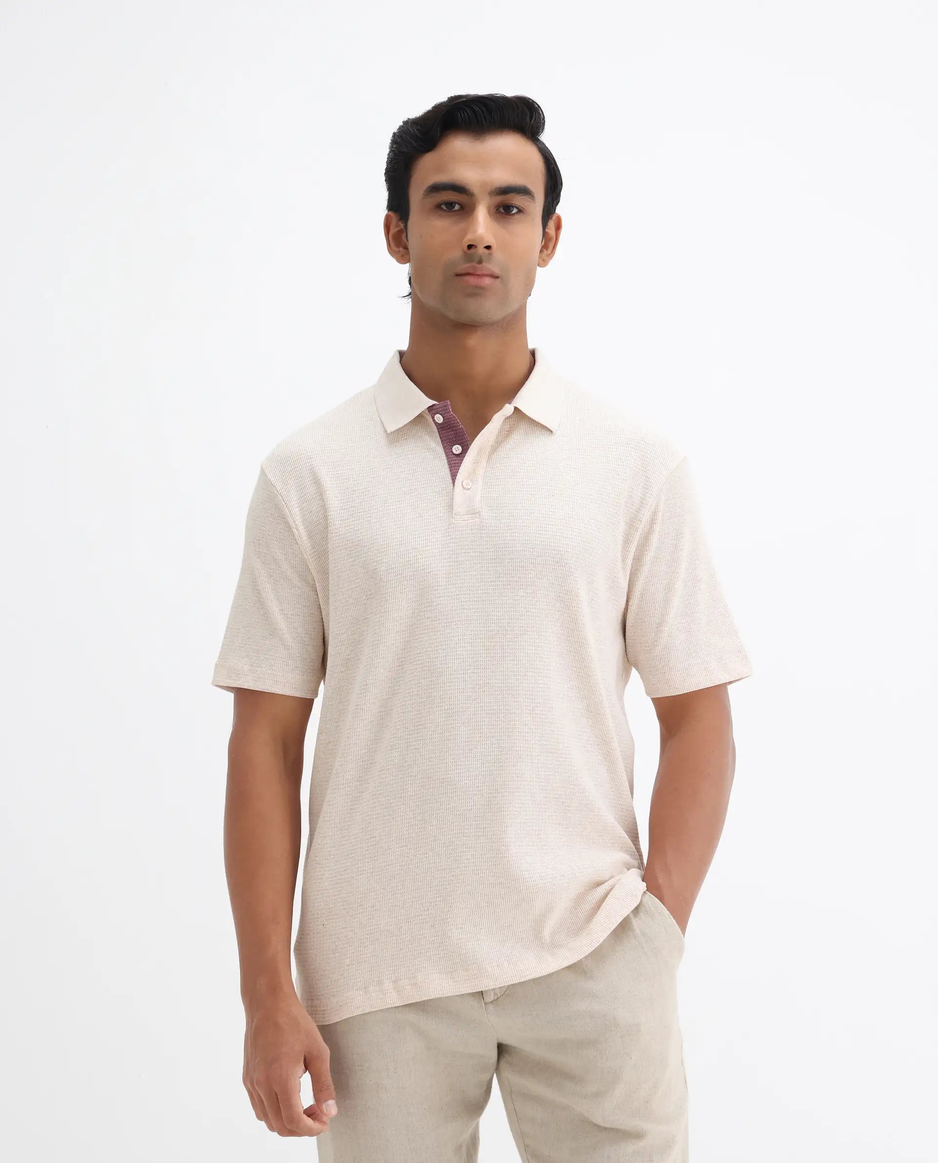 Rare Rabbit Men's Mello Beige Cotton Plain Regular Fit Half Sleeve Polo