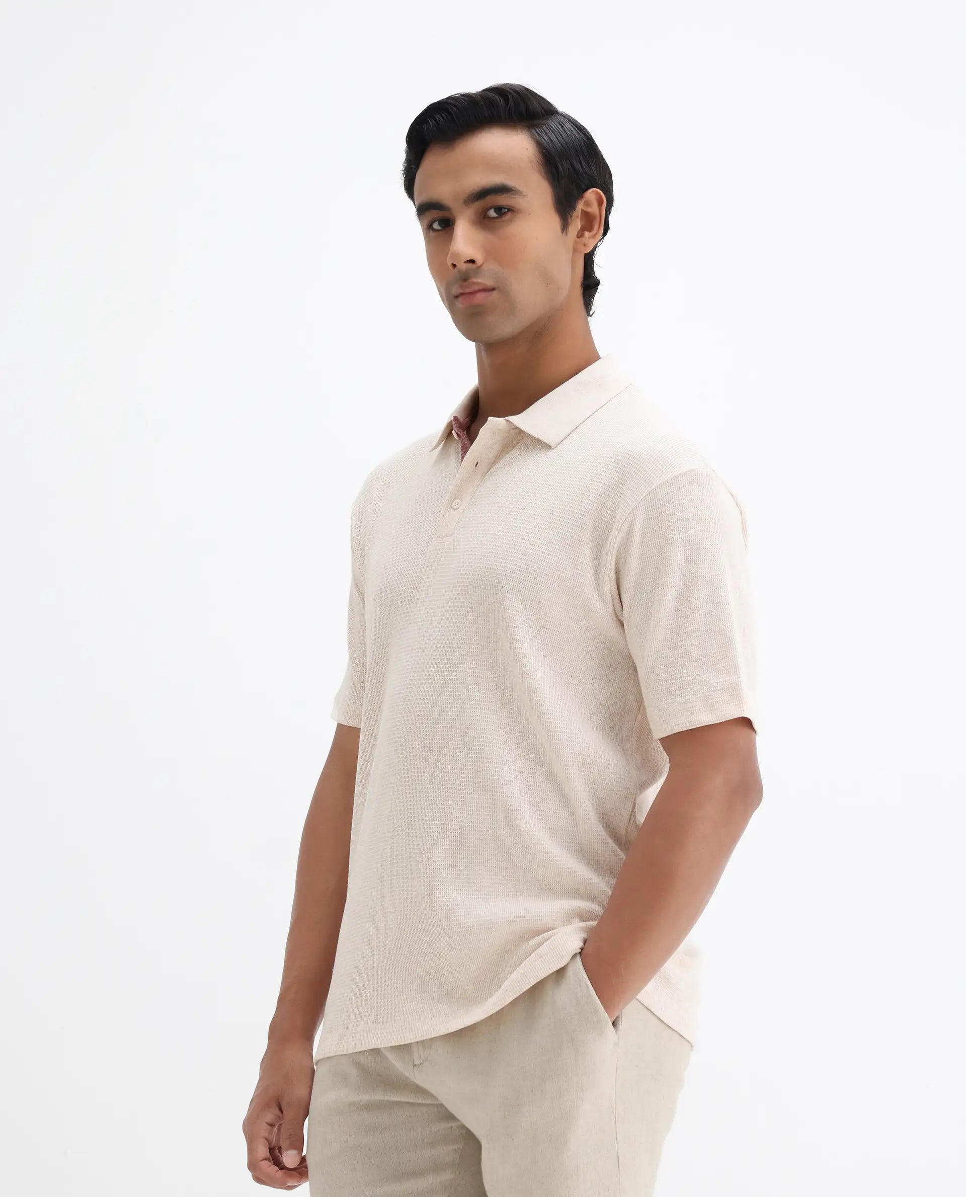 Rare Rabbit Men's Mello Beige Cotton Plain Regular Fit Half Sleeve Polo