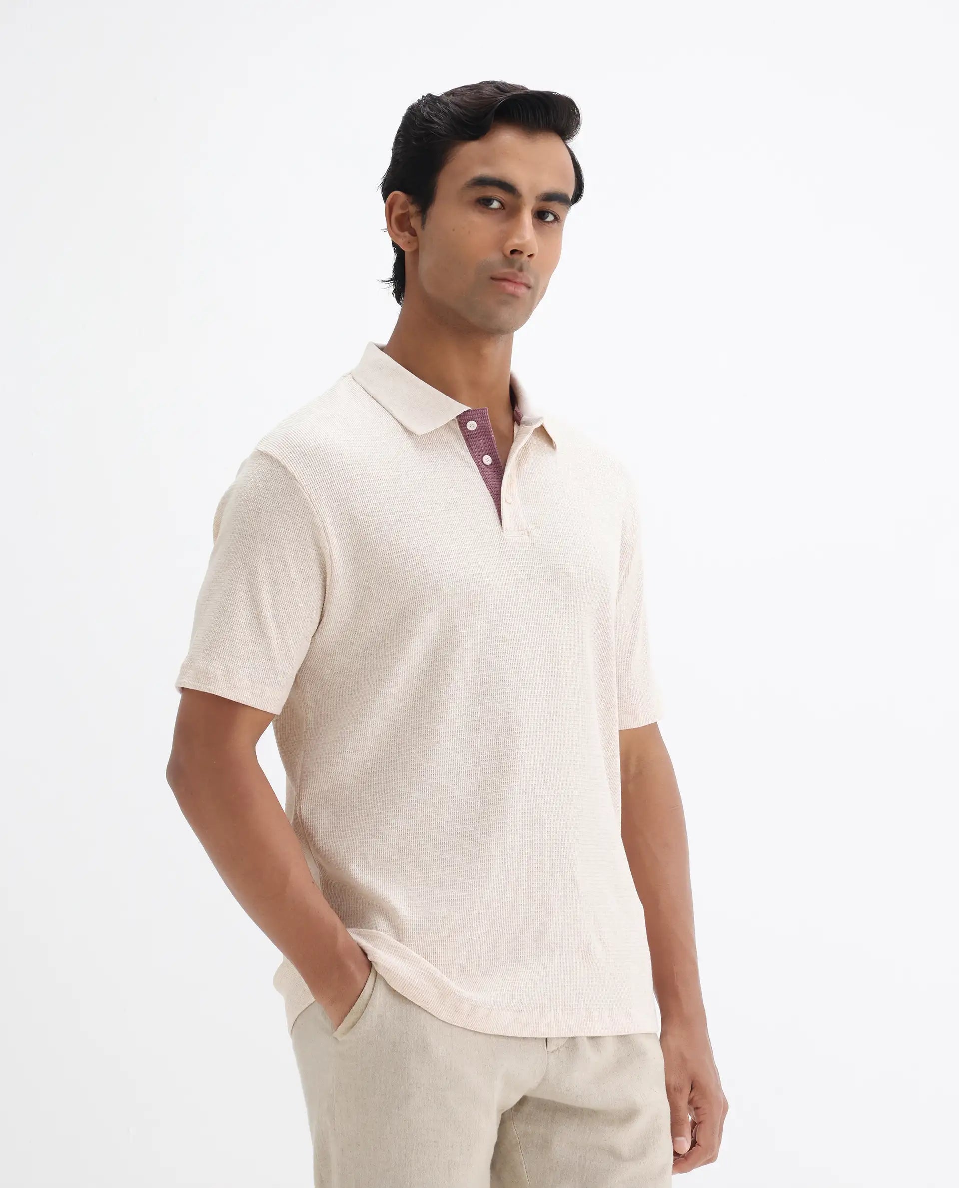 Rare Rabbit Men's Mello Beige Cotton Plain Regular Fit Half Sleeve Polo