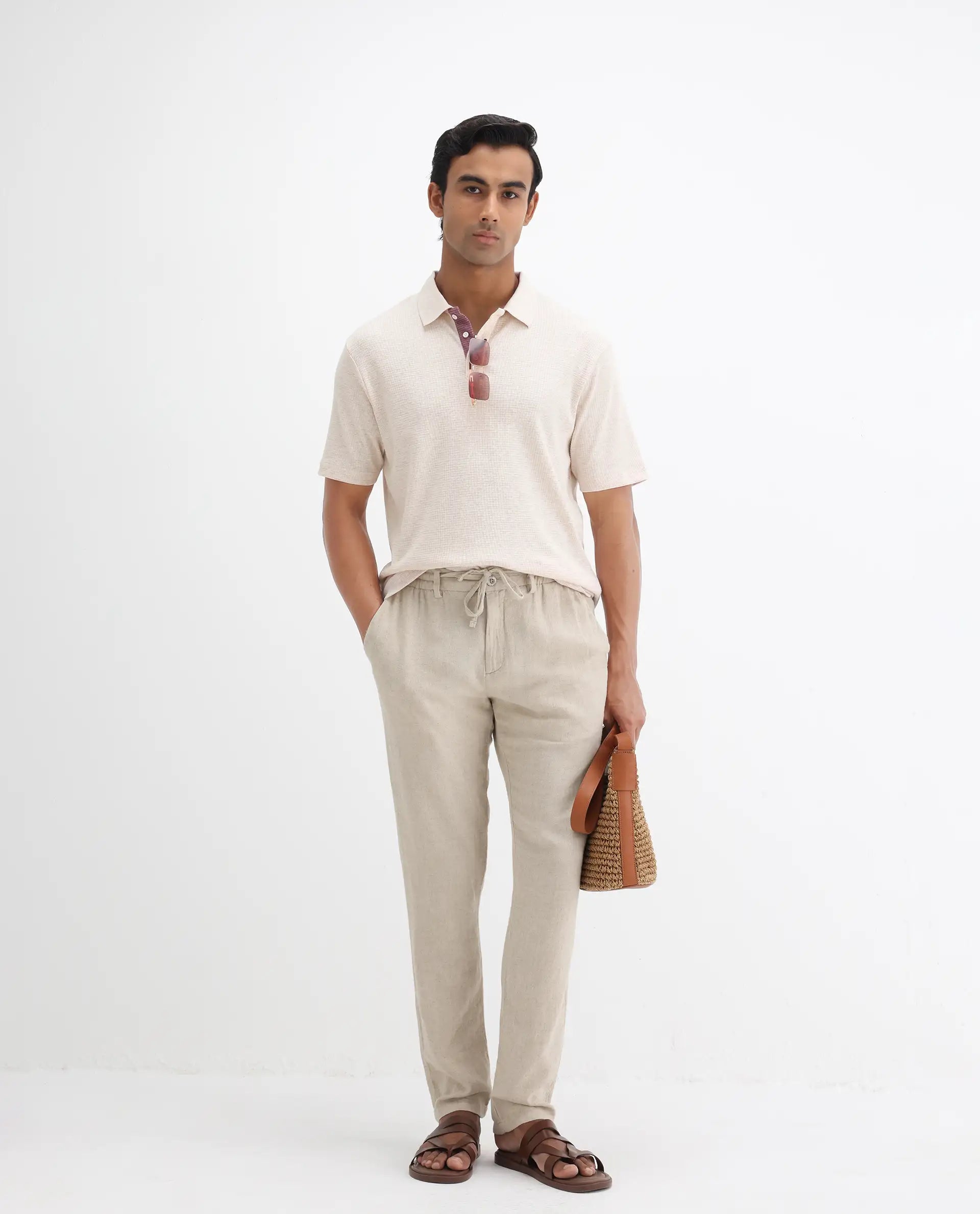 Rare Rabbit Men's Mello Beige Cotton Plain Regular Fit Half Sleeve Polo