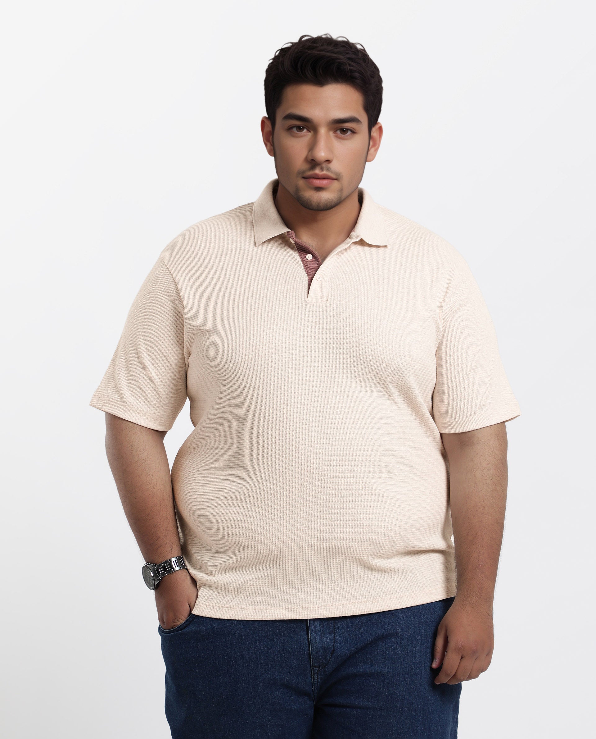 Rare Rabbit Men Mello-Big Beige Cotton Blend Half Sleeve Spread Collar Button Closure Plain Polo Plus Size
