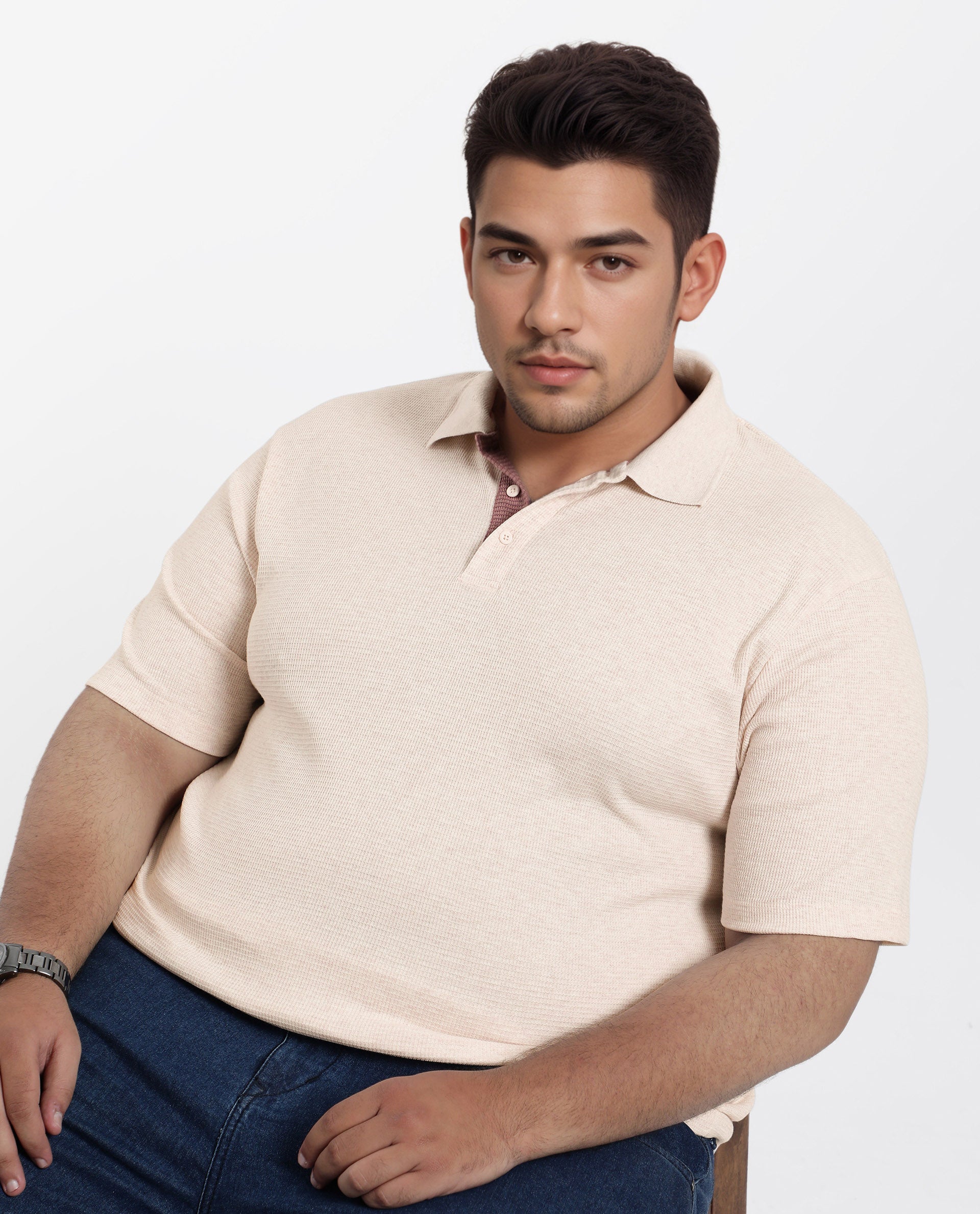 Rare Rabbit Men Mello-Big Beige Cotton Blend Half Sleeve Spread Collar Button Closure Plain Polo Plus Size