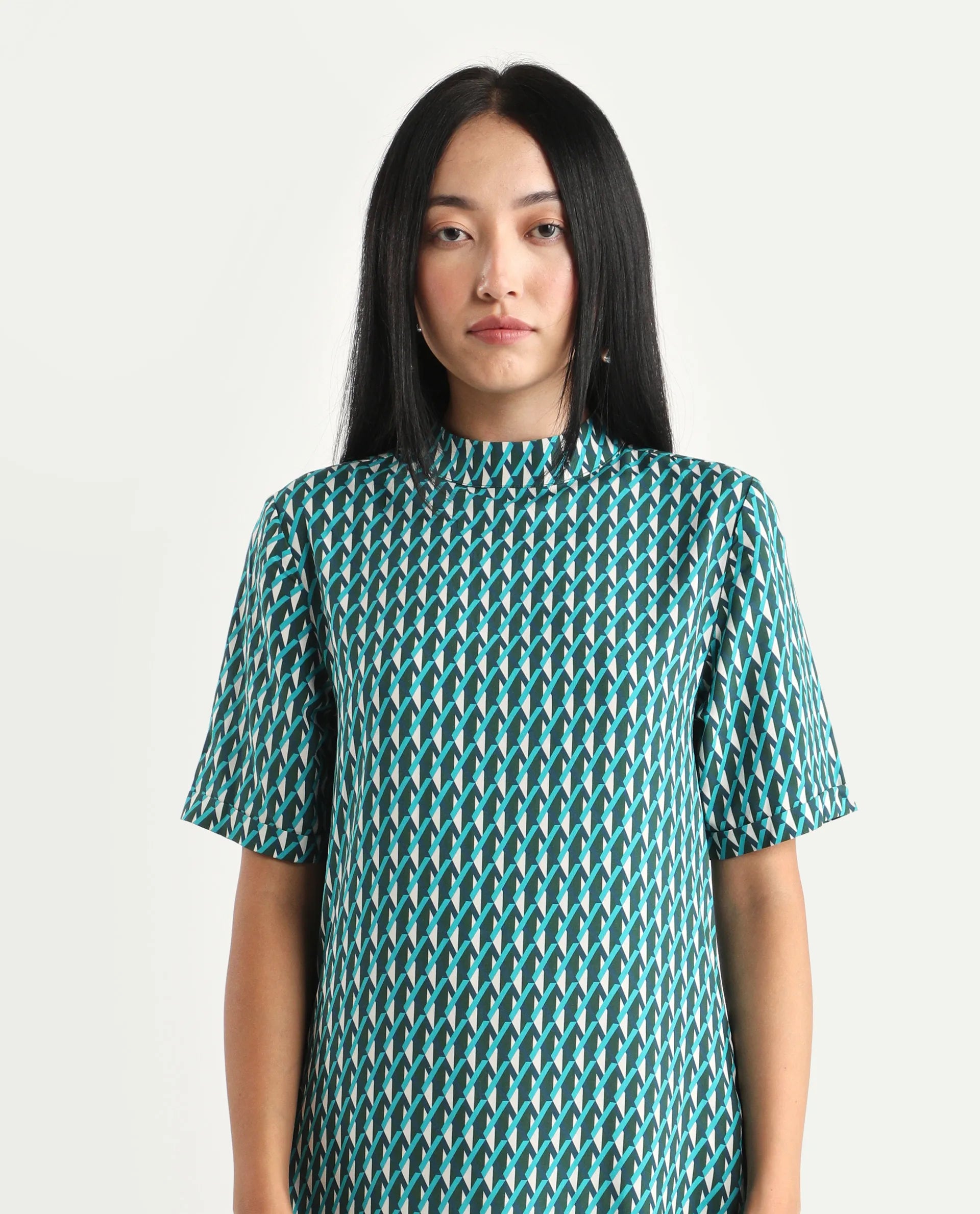 Rareism Women's Mello Blue Viscose High Neck Geometric Print Knee Length Regular Fit Dress