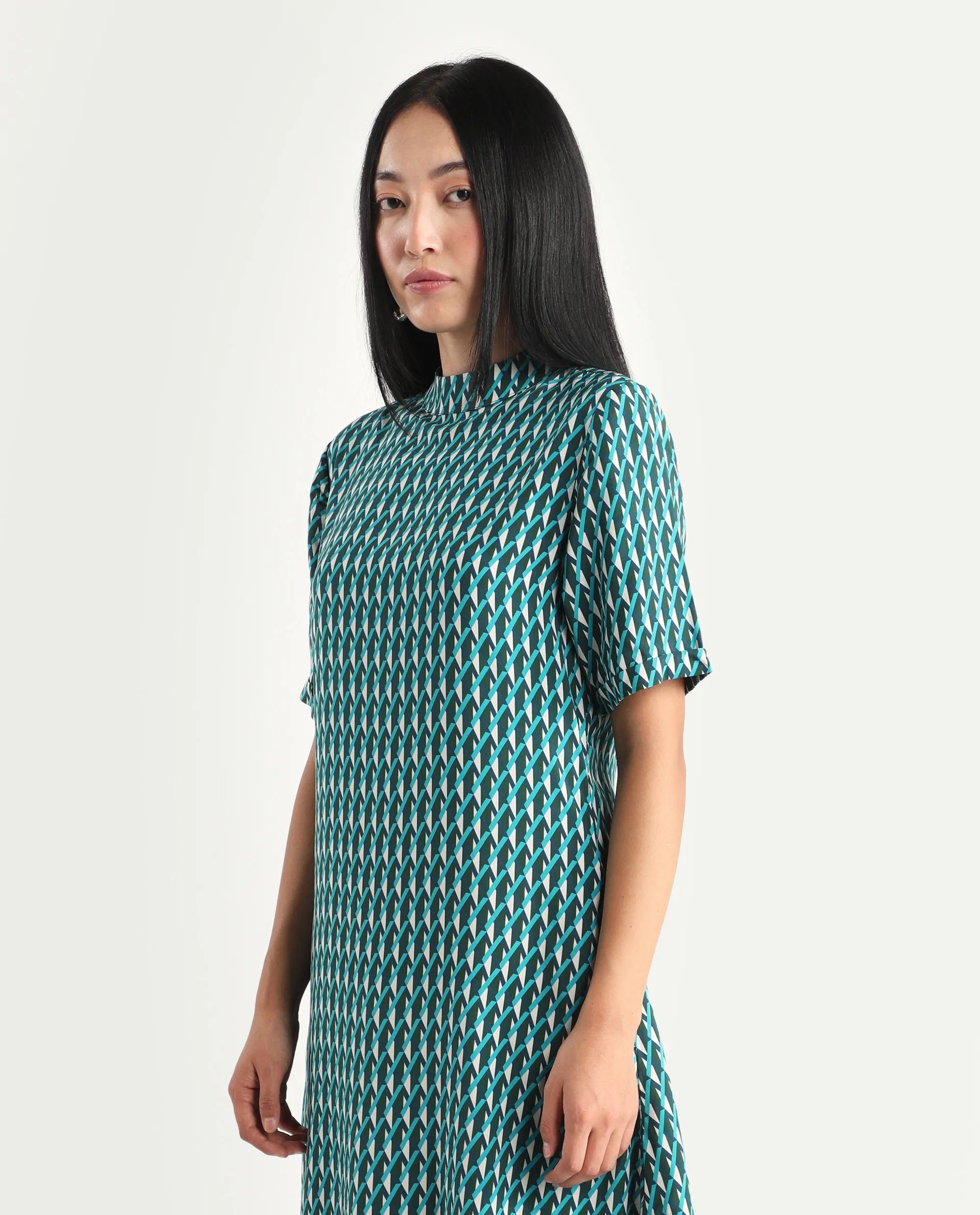 Rareism Women's Mello Blue Viscose High Neck Geometric Print Knee Length Regular Fit Dress