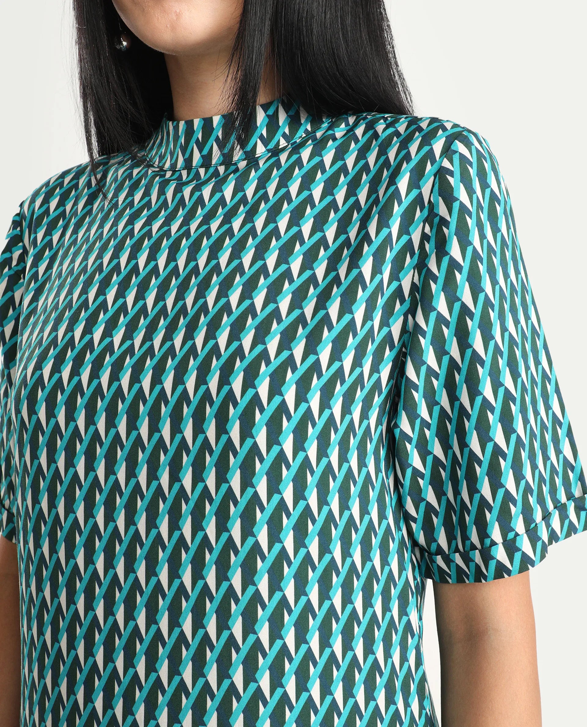 Rareism Women's Mello Blue Viscose High Neck Geometric Print Knee Length Regular Fit Dress