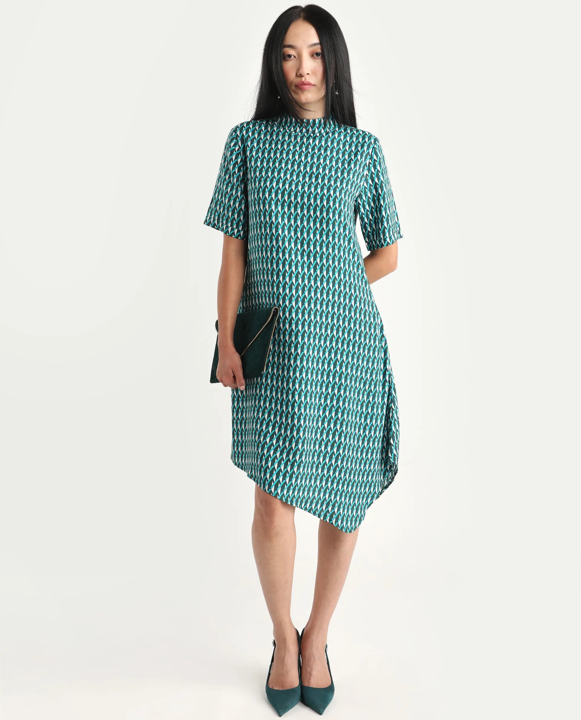 Rareism Women's Mello Blue Viscose High Neck Geometric Print Knee Length Regular Fit Dress