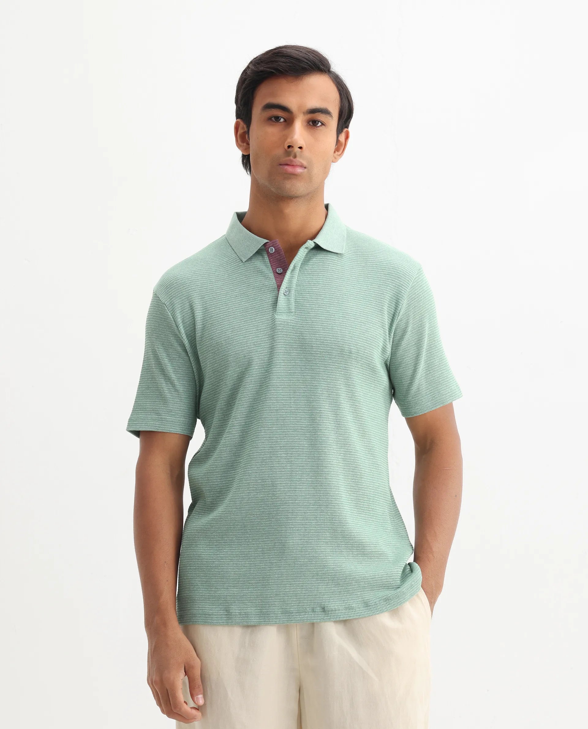 Rare Rabbit Men's Mello Dusky Green Cotton Plain Regular Fit Half Sleeve Polo