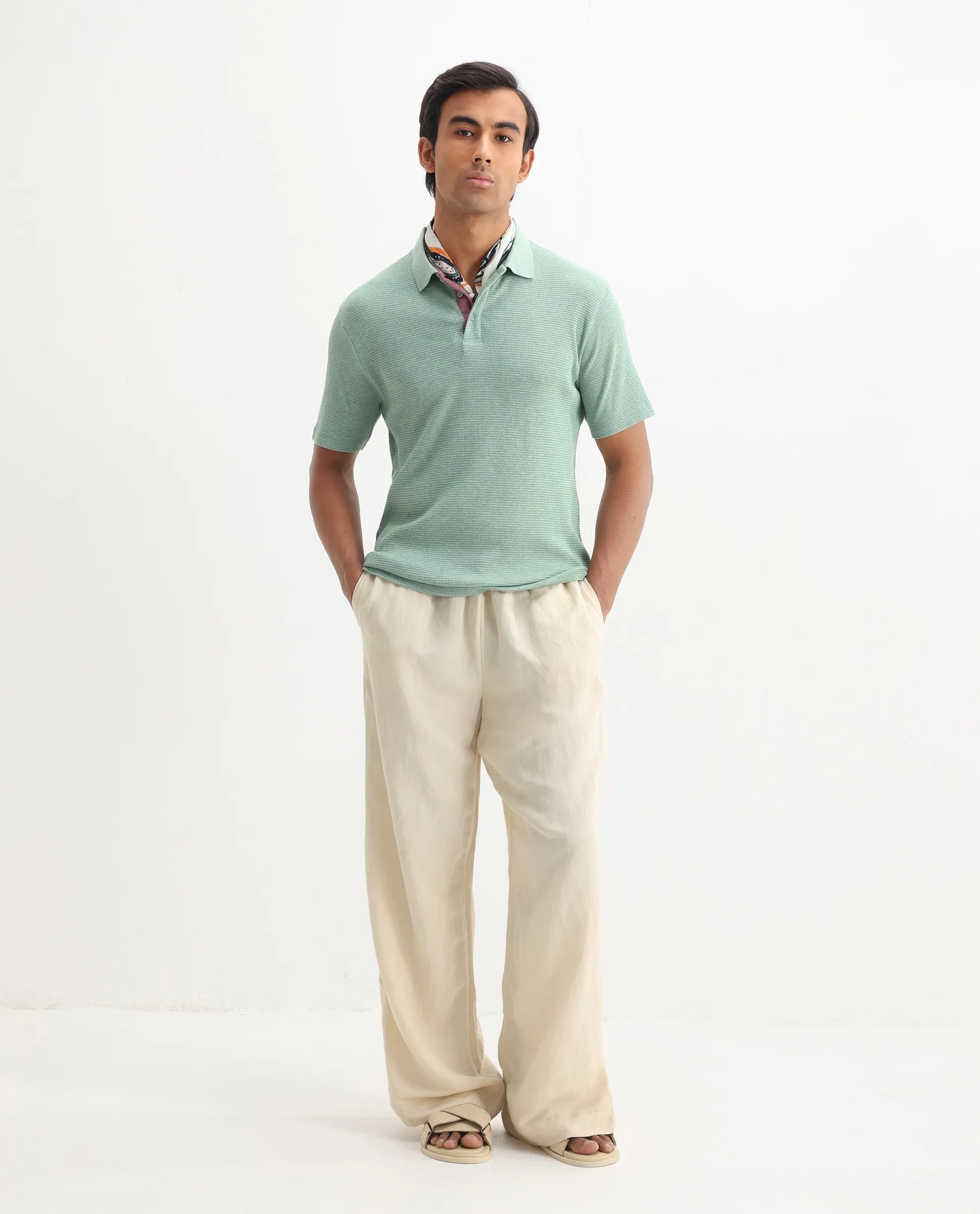 Rare Rabbit Men's Mello Dusky Green Cotton Plain Regular Fit Half Sleeve Polo