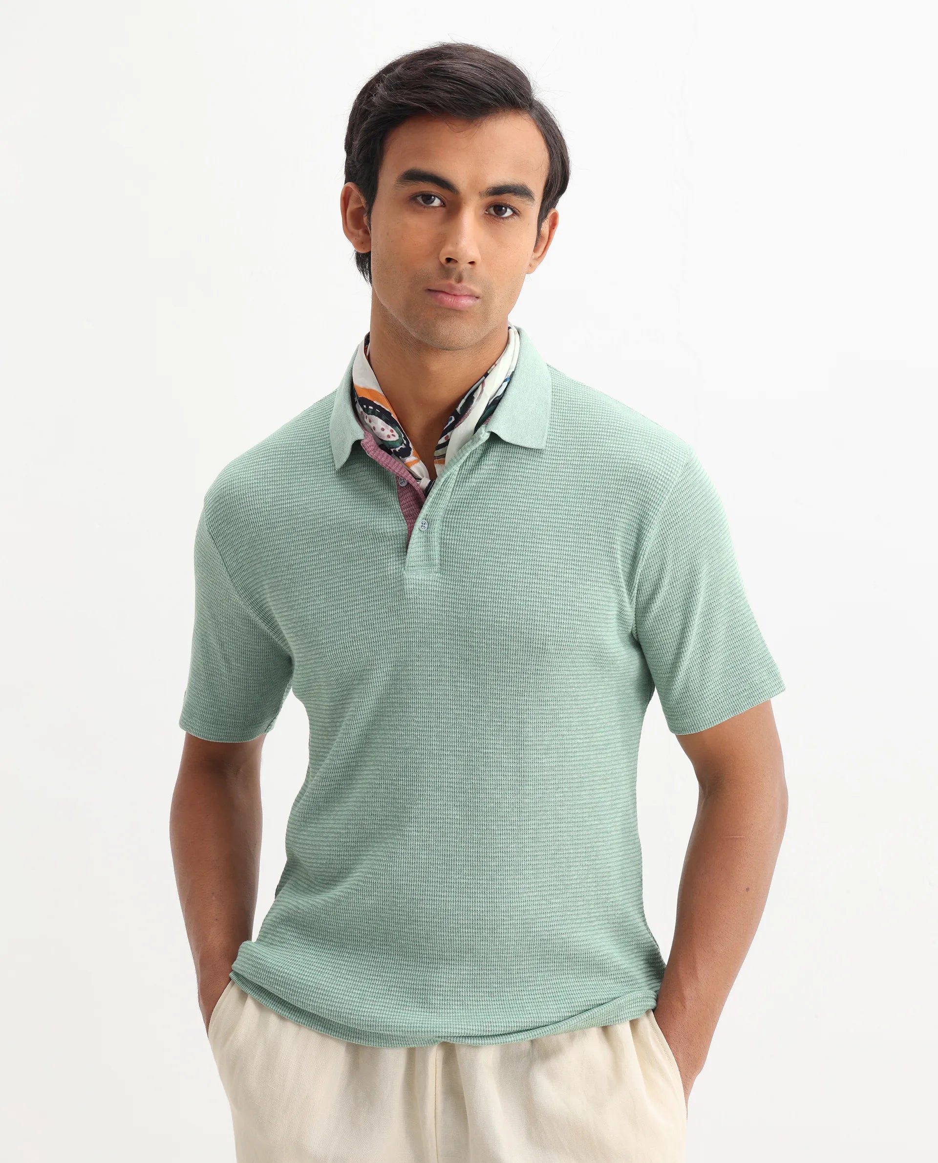 Rare Rabbit Men's Mello Dusky Green Cotton Plain Regular Fit Half Sleeve Polo