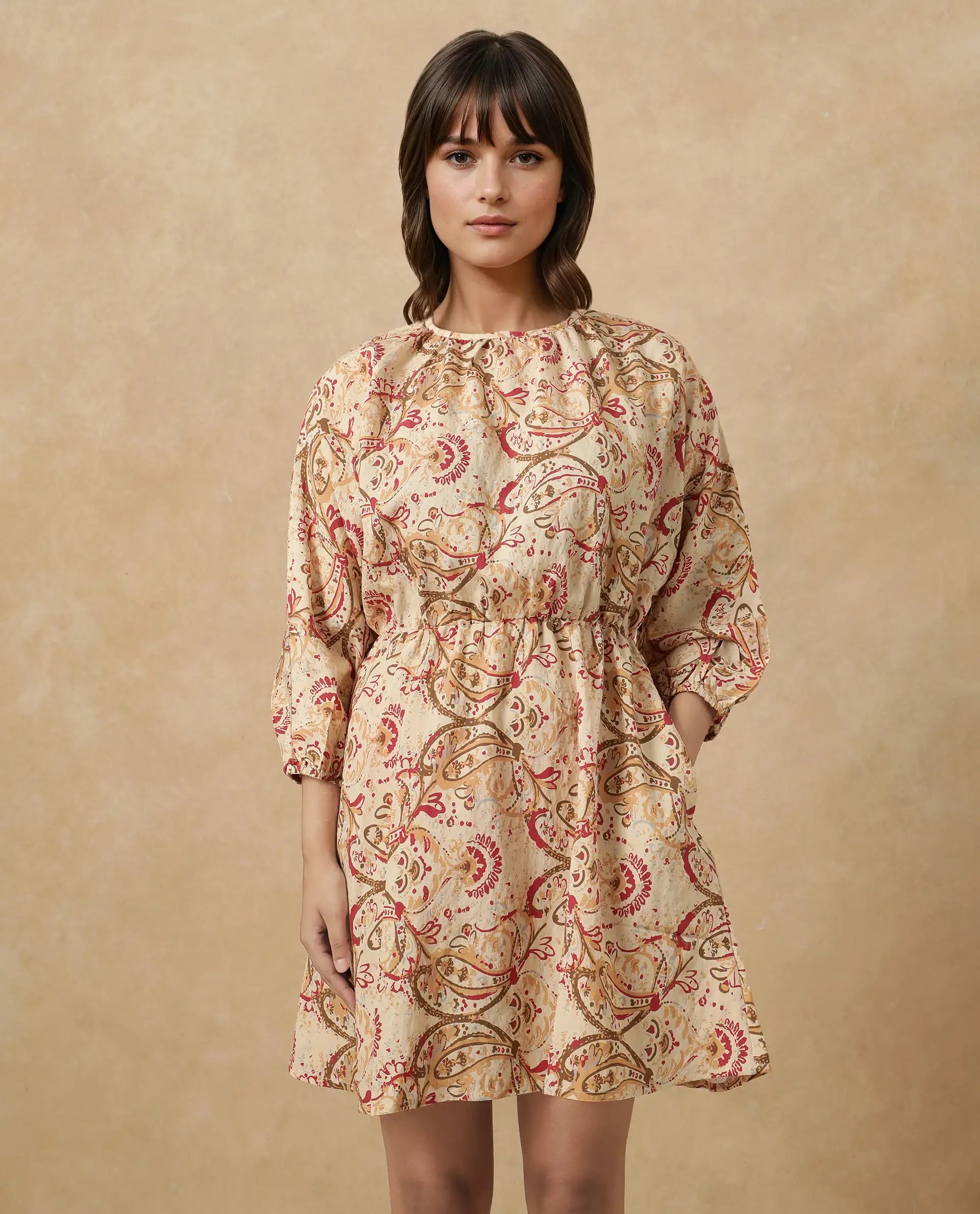 Rareism Women's Mellona Multi Polyester Round Neck Paisley Print Mini Fit And Flare Dress