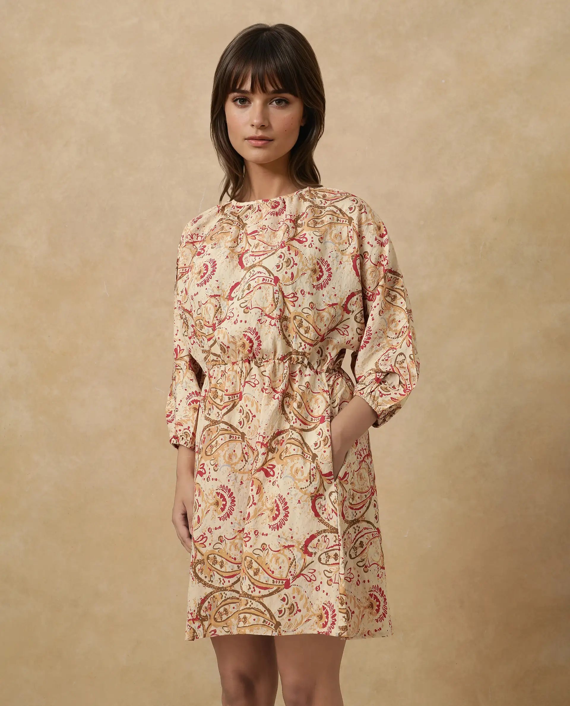 Rareism Women's Mellona Multi Polyester Round Neck Paisley Print Mini Fit And Flare Dress