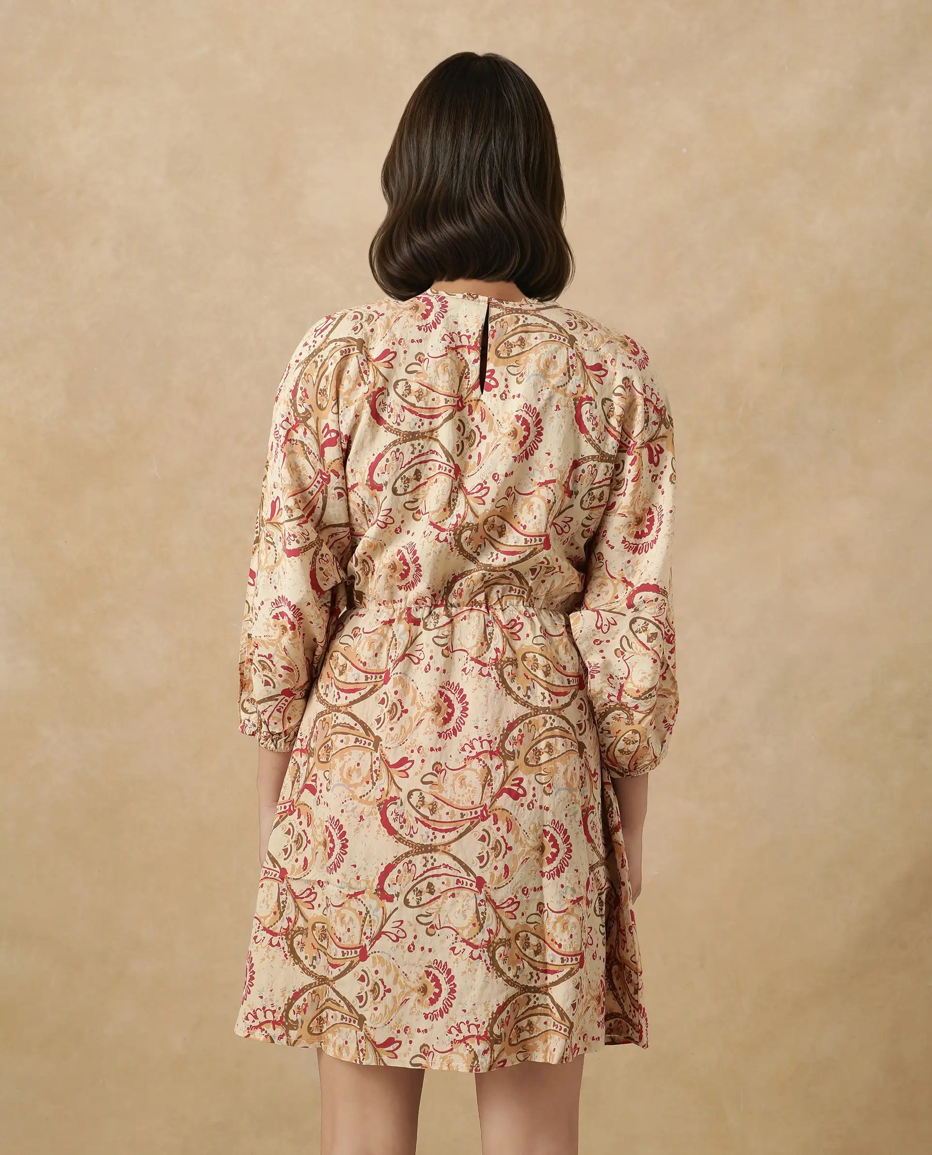 Rareism Women's Mellona Multi Polyester Round Neck Paisley Print Mini Fit And Flare Dress