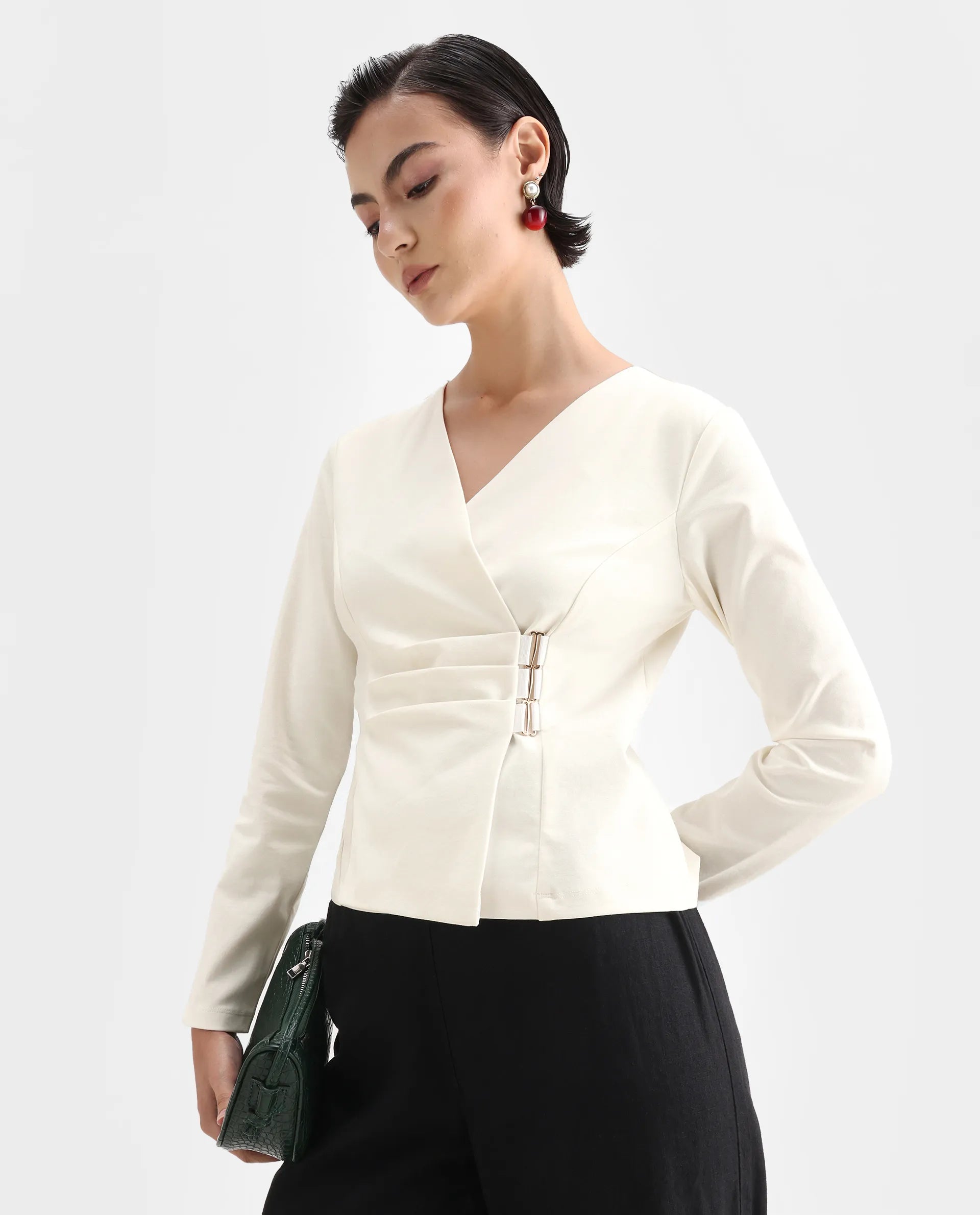 Rareism Women's Mellow White Polyester Blend V-Neck Plain Regular Fit Top