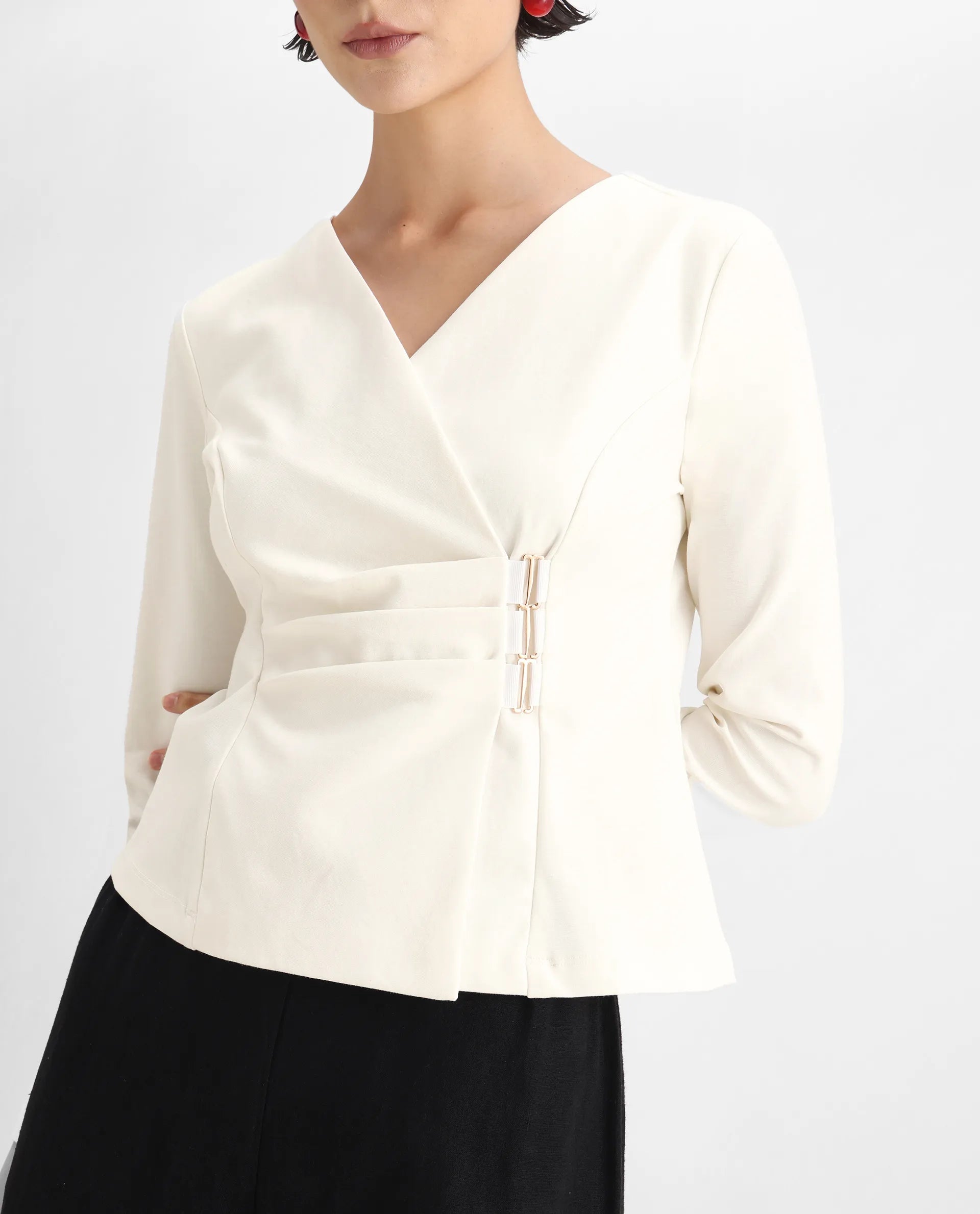 Rareism Women's Mellow White Polyester Blend V-Neck Plain Regular Fit Top