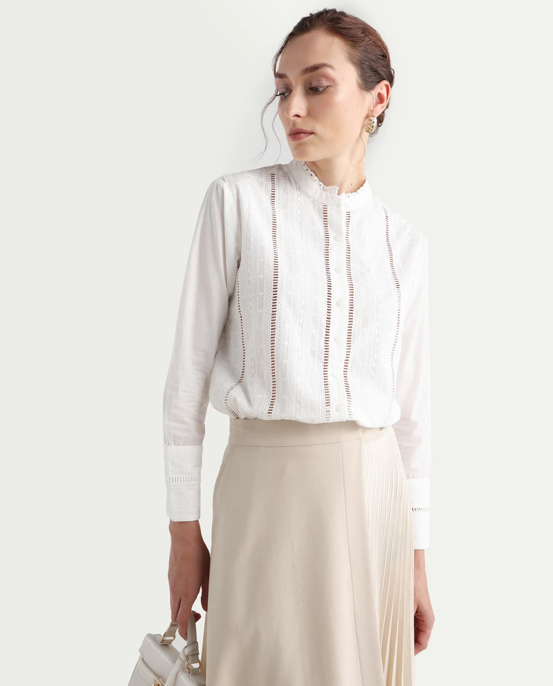 Rareism Women's Melloyo Off White Cotton Mandarin Collar Plain Cuffed Sleeve Regular Fit Top