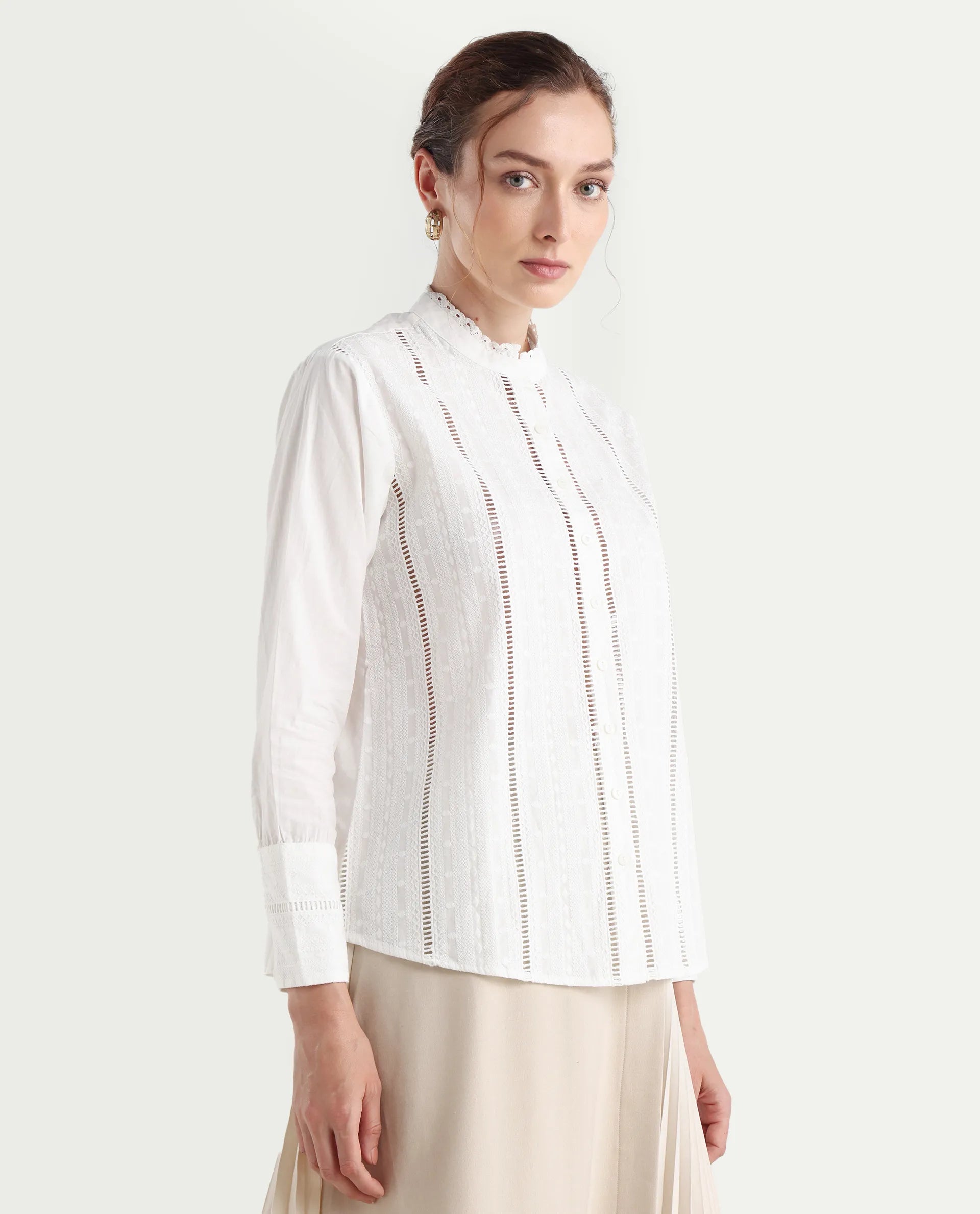 Rareism Women's Melloyo Off White Cotton Mandarin Collar Plain Cuffed Sleeve Regular Fit Top