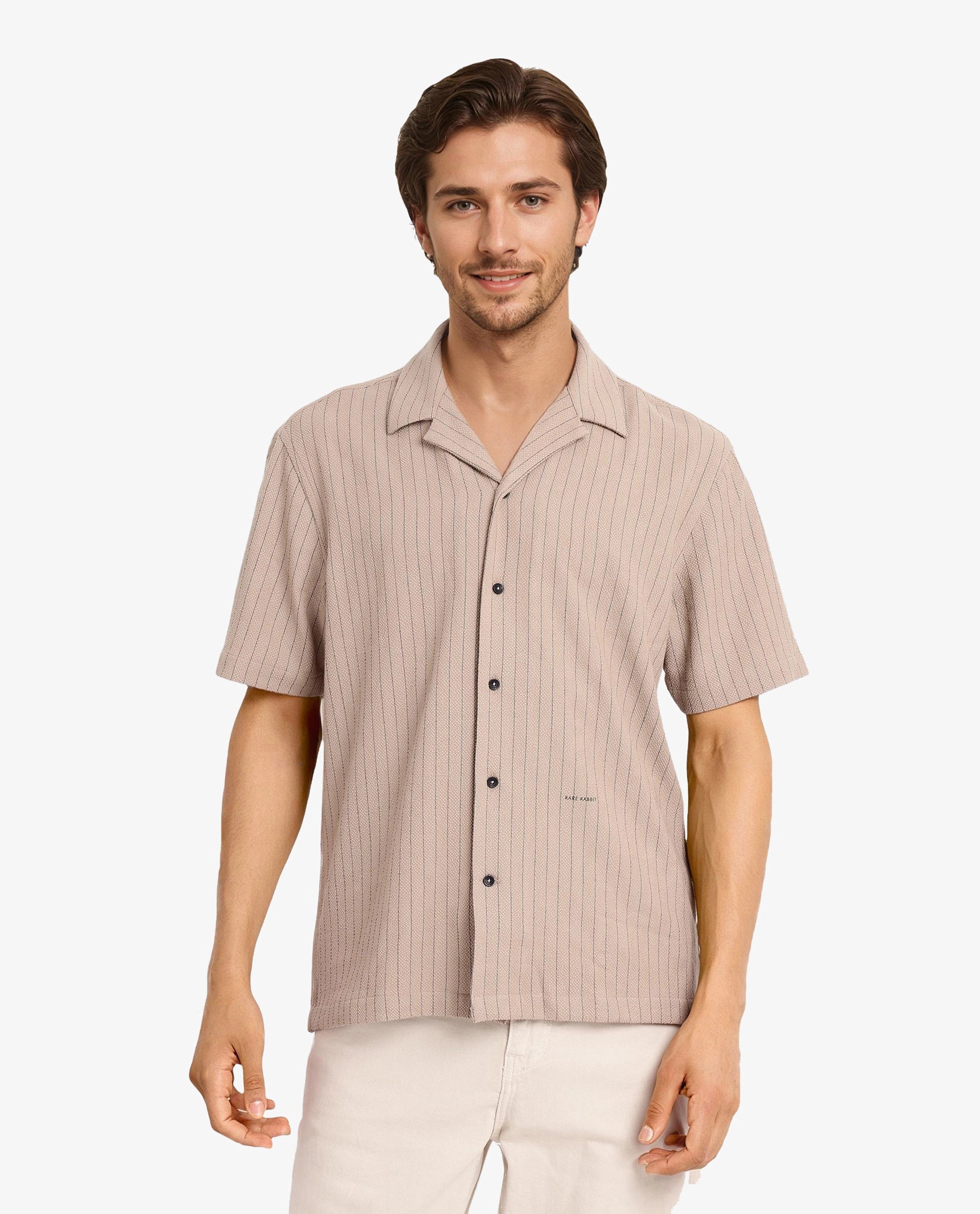 Rare Rabbit Men's Melon Dusky Beige Poly Blend Fabric Half Sleeve Cuban Collared Boxy Fit Striped Shirt