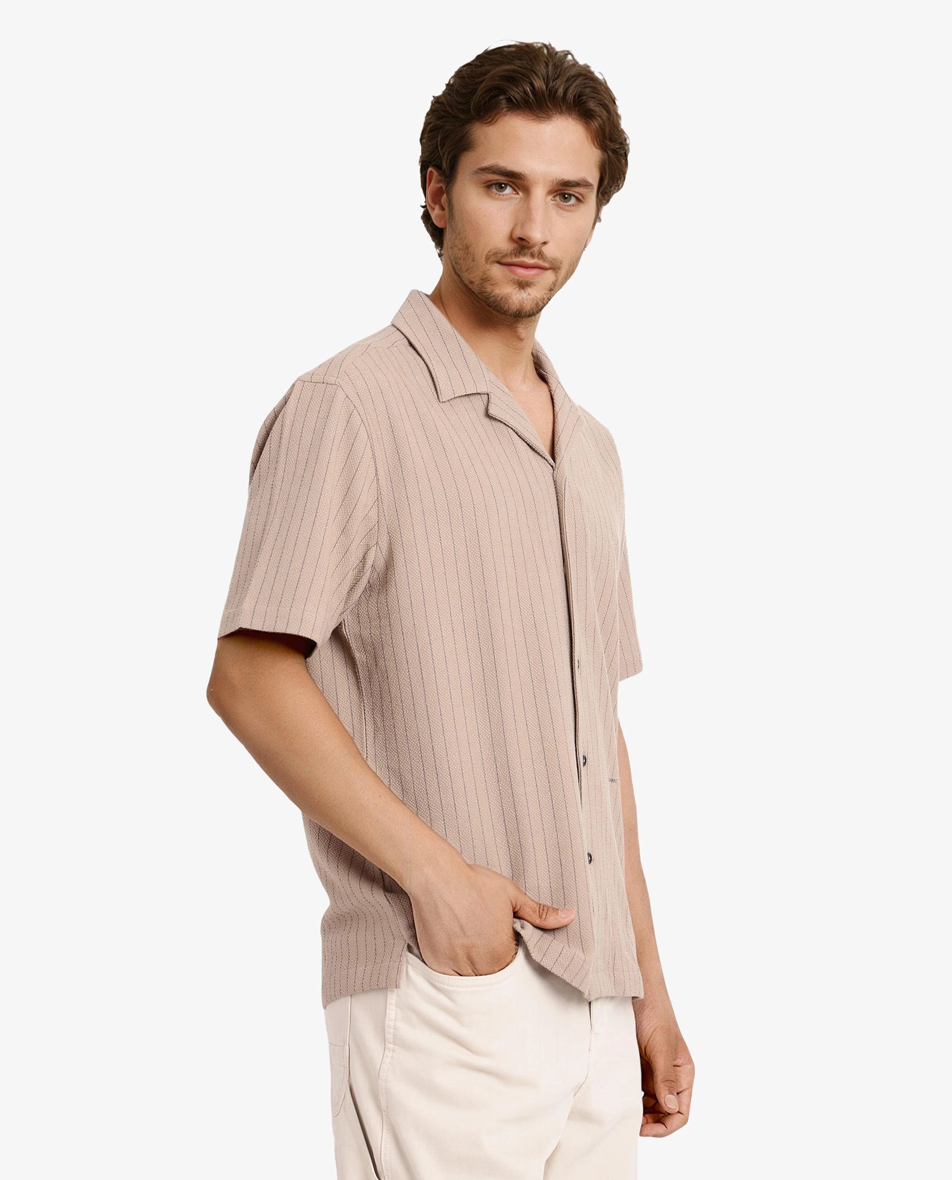 Rare Rabbit Men's Melon Dusky Beige Poly Blend Fabric Half Sleeve Cuban Collared Boxy Fit Striped Shirt