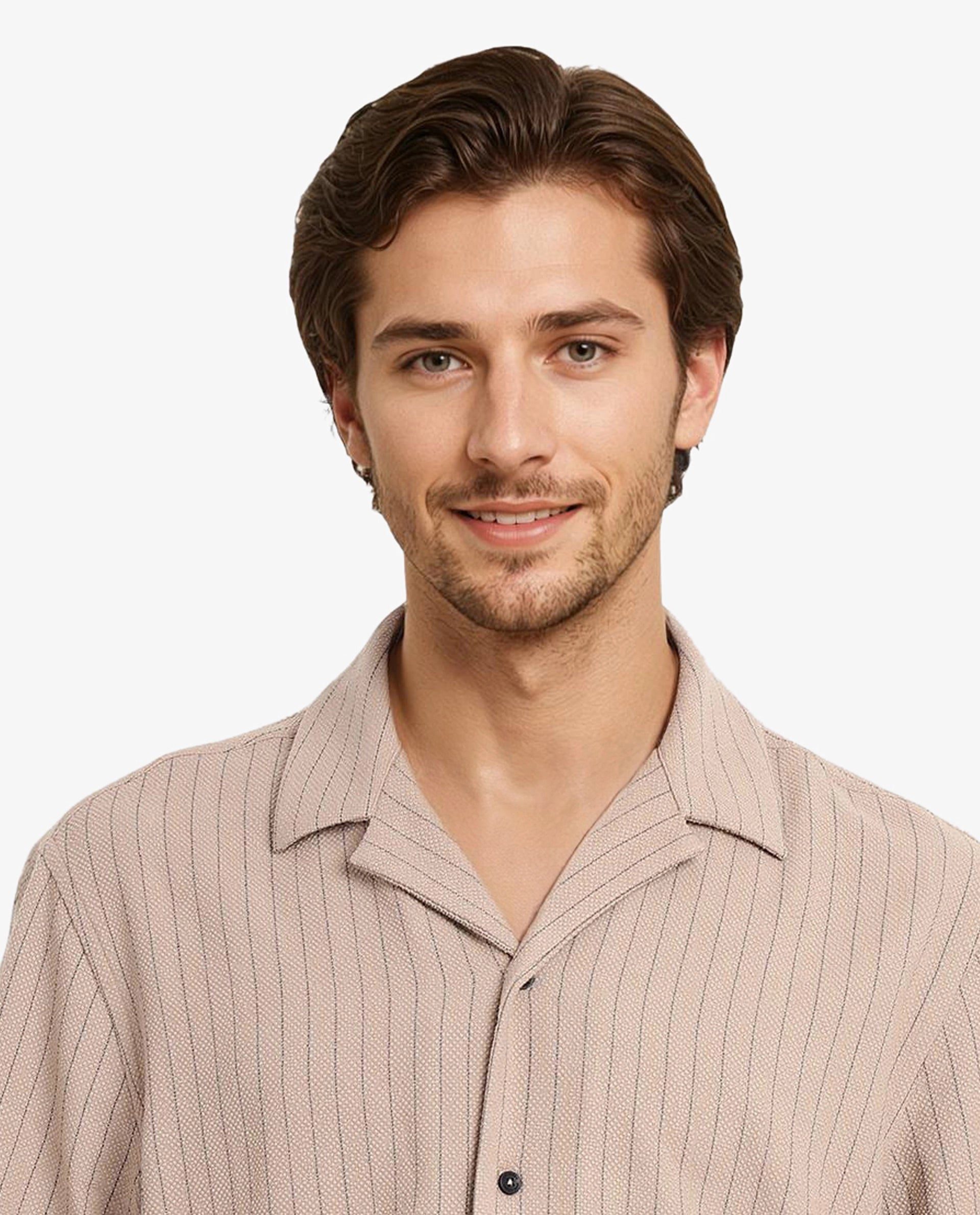 Rare Rabbit Men's Melon Dusky Beige Poly Blend Fabric Half Sleeve Cuban Collared Boxy Fit Striped Shirt