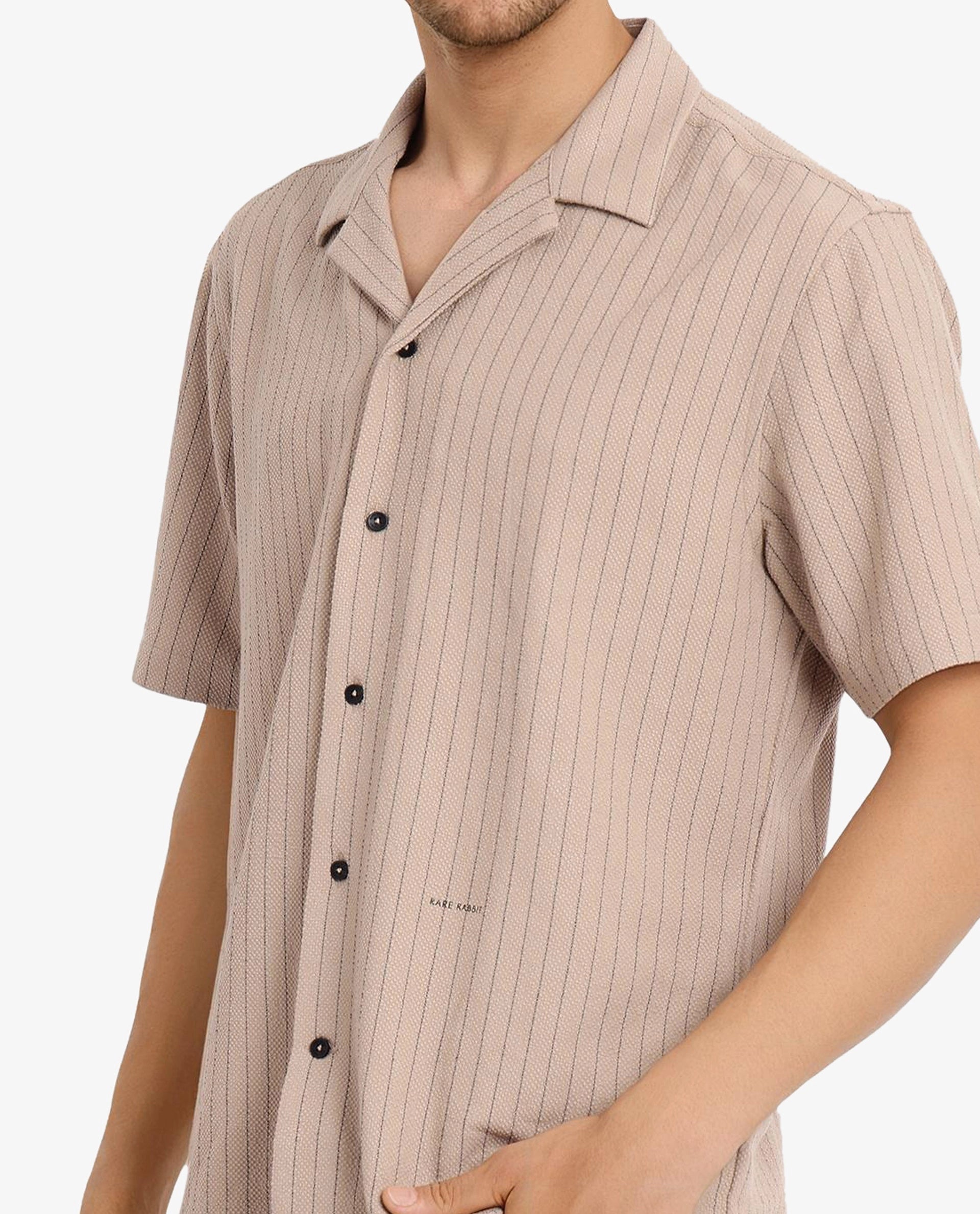 Rare Rabbit Men's Melon Dusky Beige Poly Blend Fabric Half Sleeve Cuban Collared Boxy Fit Striped Shirt