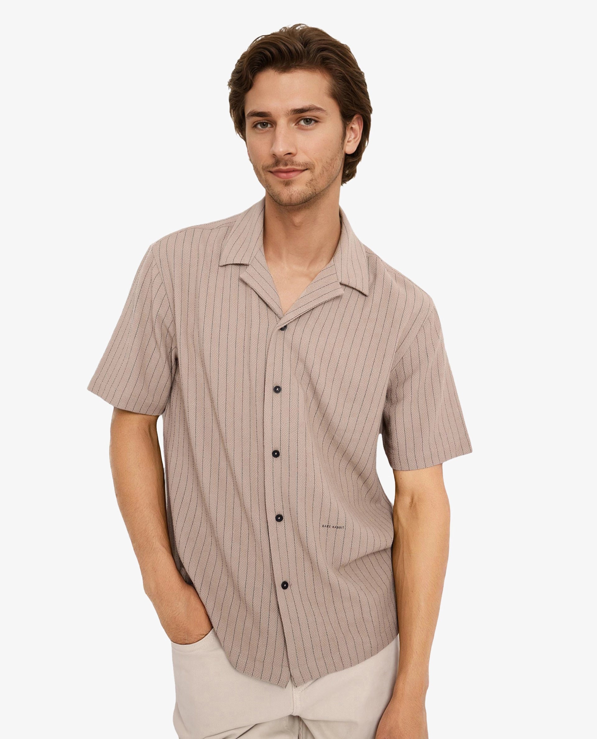 Rare Rabbit Men's Melon Dusky Beige Poly Blend Fabric Half Sleeve Cuban Collared Boxy Fit Striped Shirt