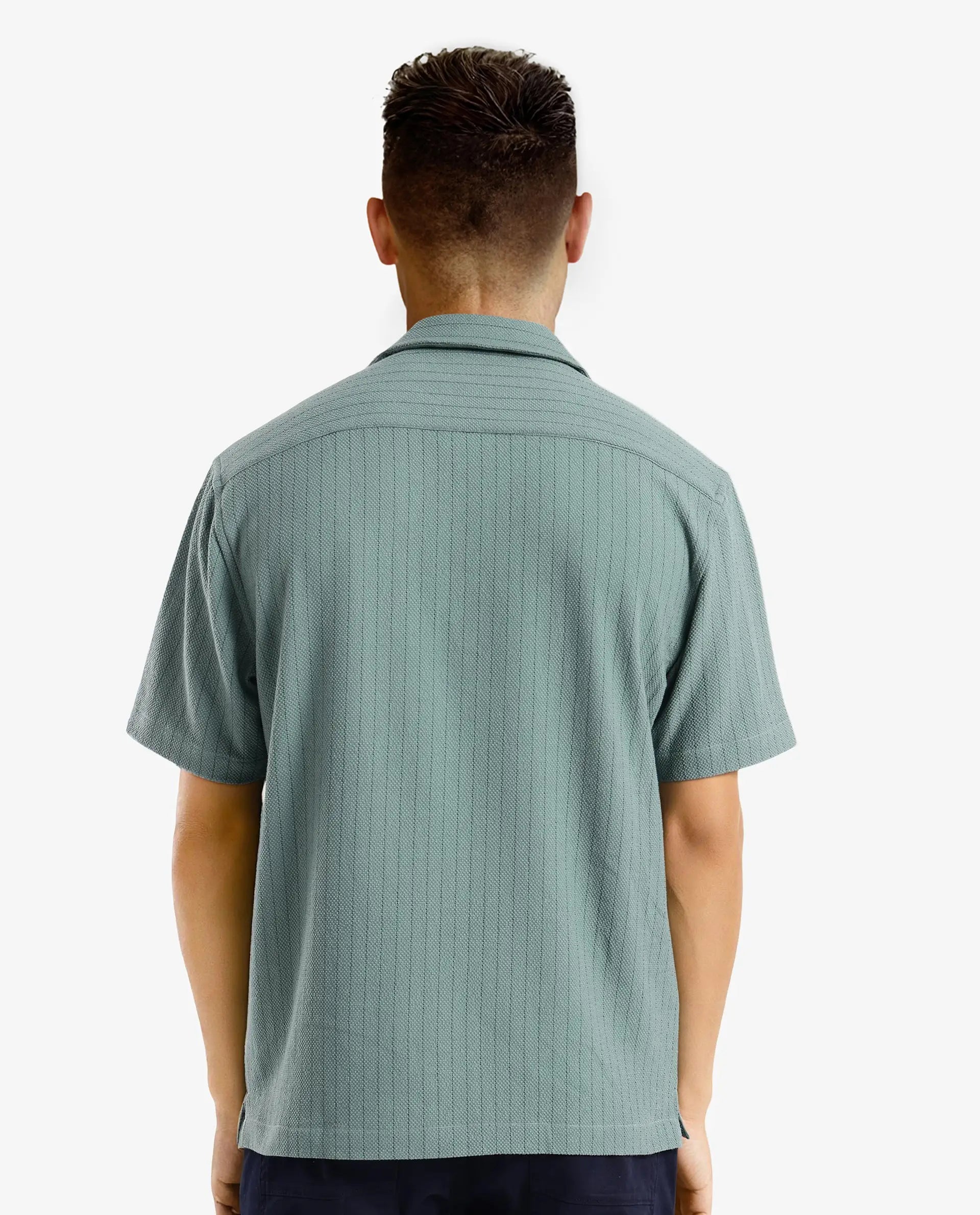 Rare Rabbit Men's Melon Dusky Green Poly Blend Fabric Half Sleeve Cuban Collared Boxy Fit Striped Shirt