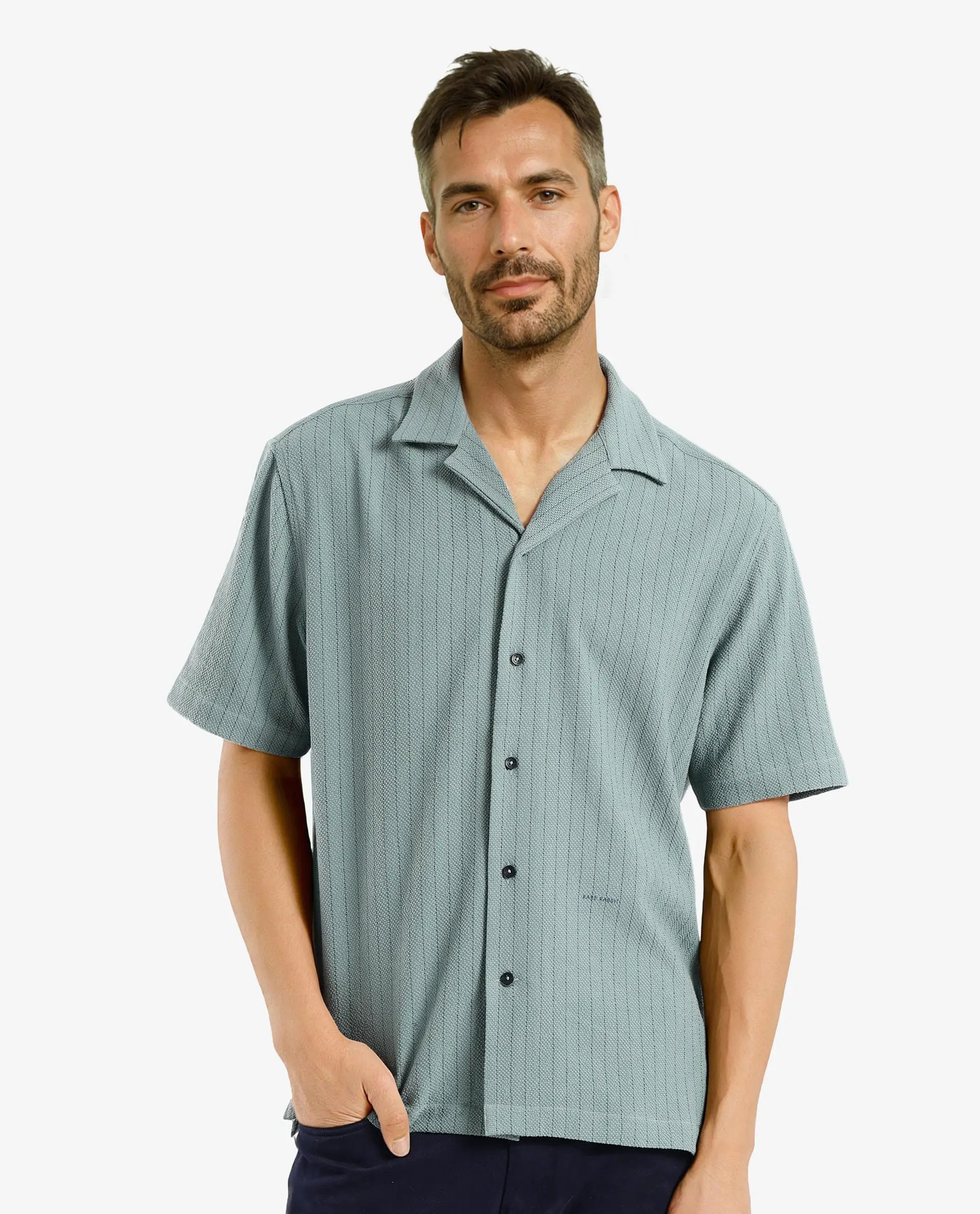 Rare Rabbit Men's Melon Dusky Green Poly Blend Fabric Half Sleeve Cuban Collared Boxy Fit Striped Shirt