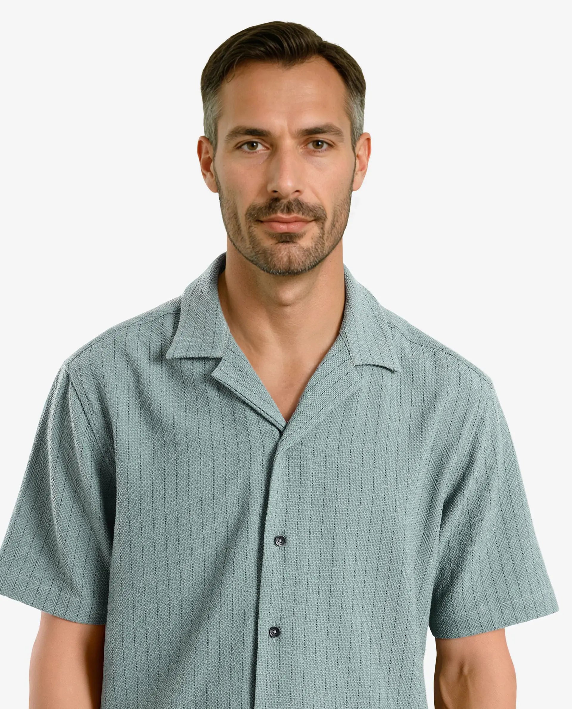 Rare Rabbit Men's Melon Dusky Green Poly Blend Fabric Half Sleeve Cuban Collared Boxy Fit Striped Shirt