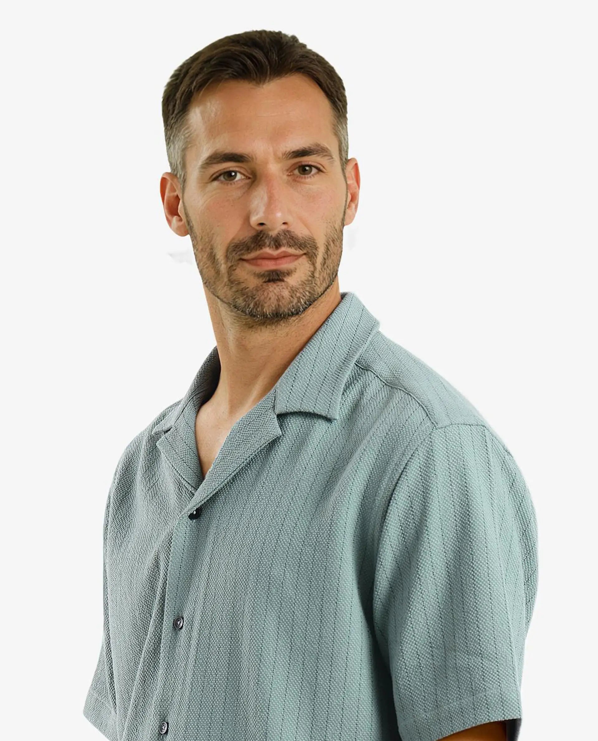 Rare Rabbit Men's Melon Dusky Green Poly Blend Fabric Half Sleeve Cuban Collared Boxy Fit Striped Shirt