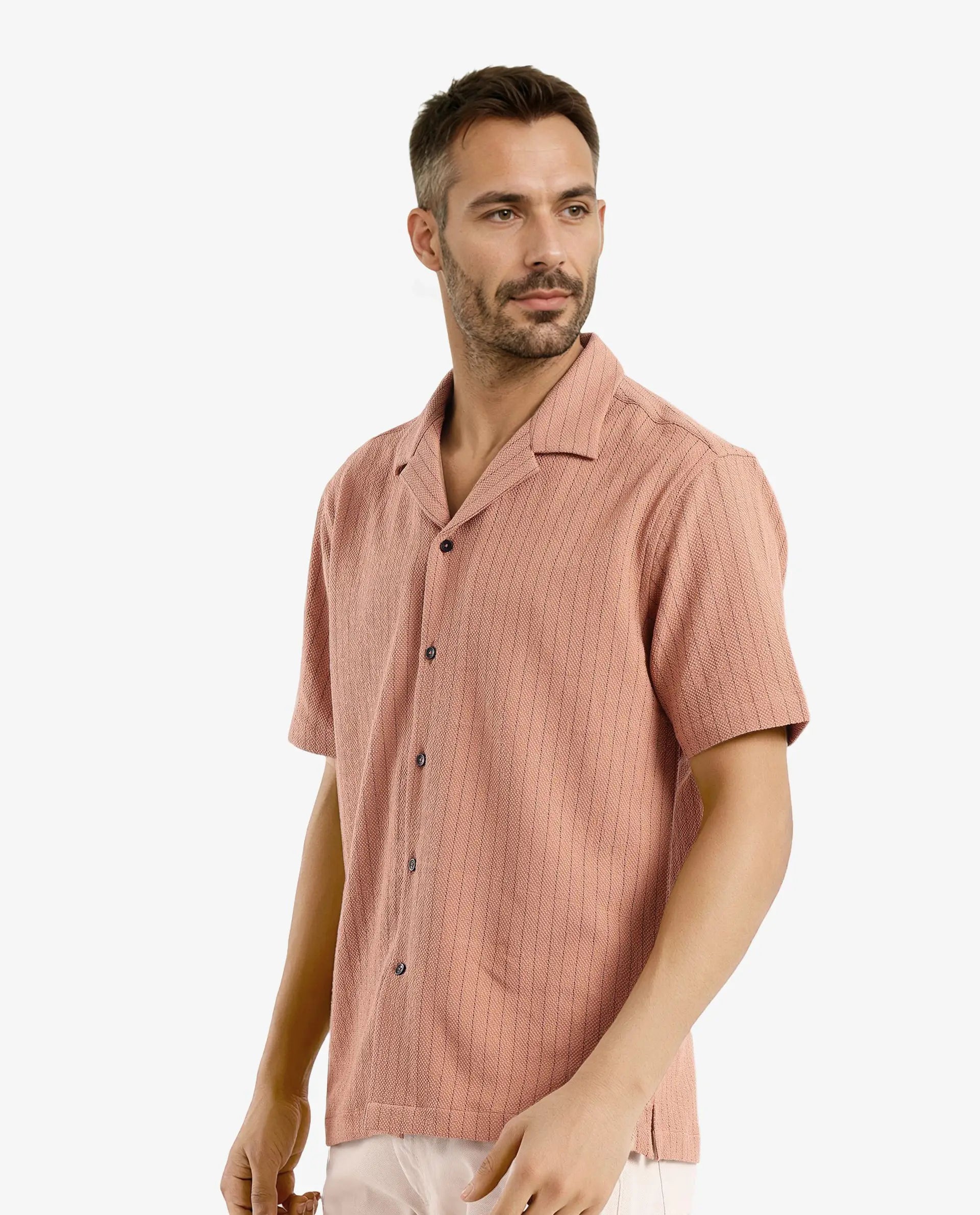 Rare Rabbit Men's Melon Dusky Orange Poly Blend Fabric Half Sleeve Cuban Collared Boxy Fit Striped Shirt