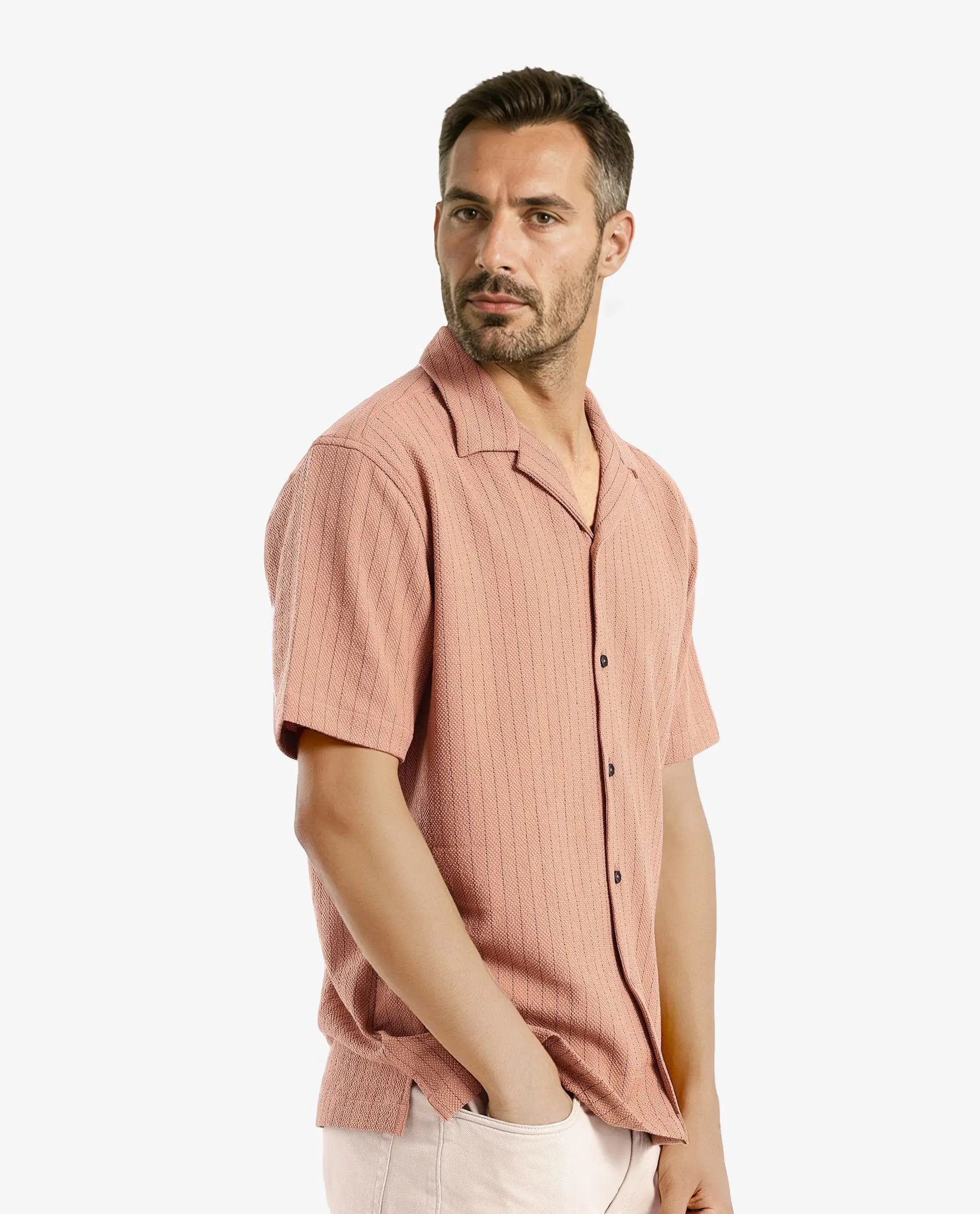Rare Rabbit Men's Melon Dusky Orange Poly Blend Fabric Half Sleeve Cuban Collared Boxy Fit Striped Shirt