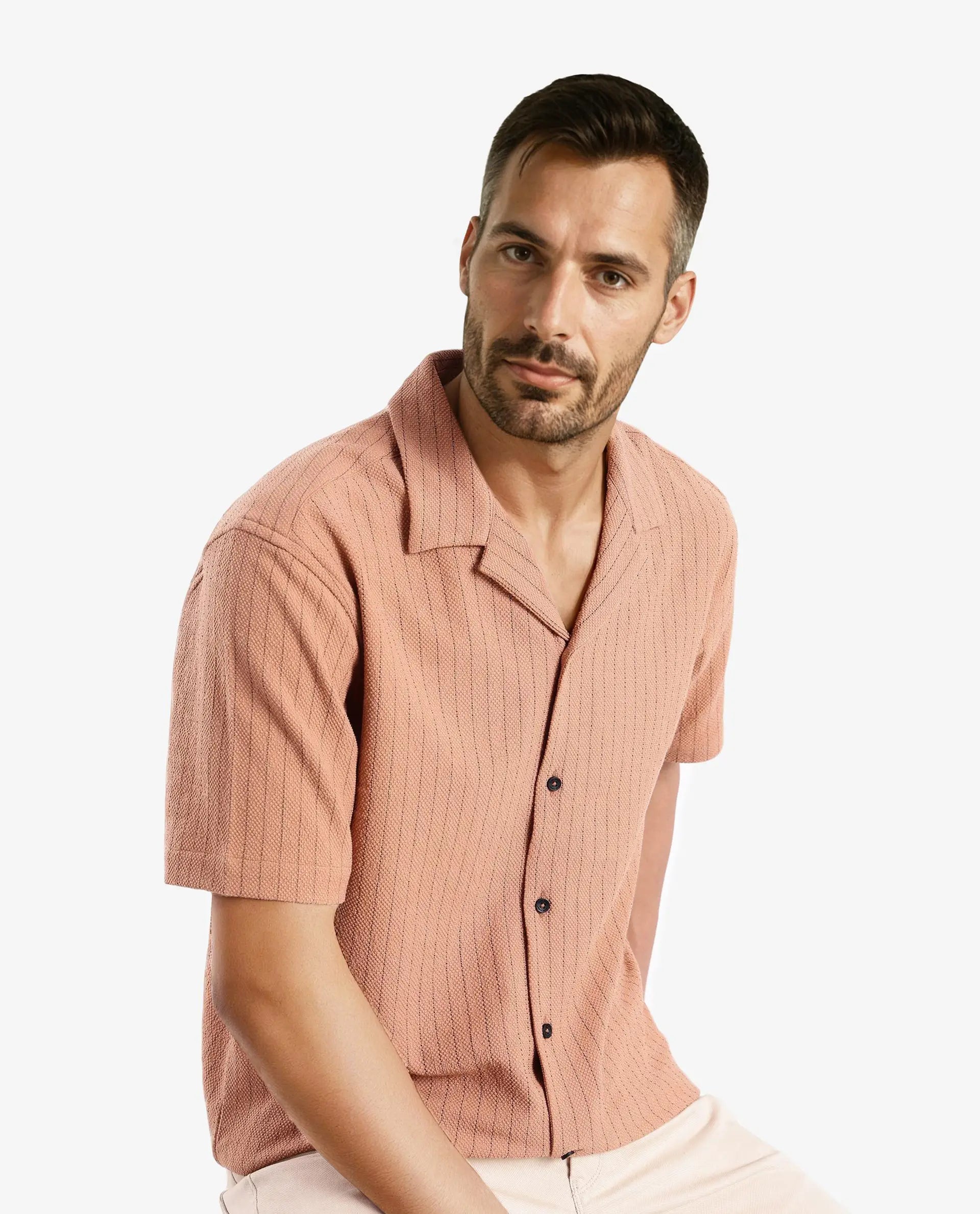 Rare Rabbit Men's Melon Dusky Orange Poly Blend Fabric Half Sleeve Cuban Collared Boxy Fit Striped Shirt