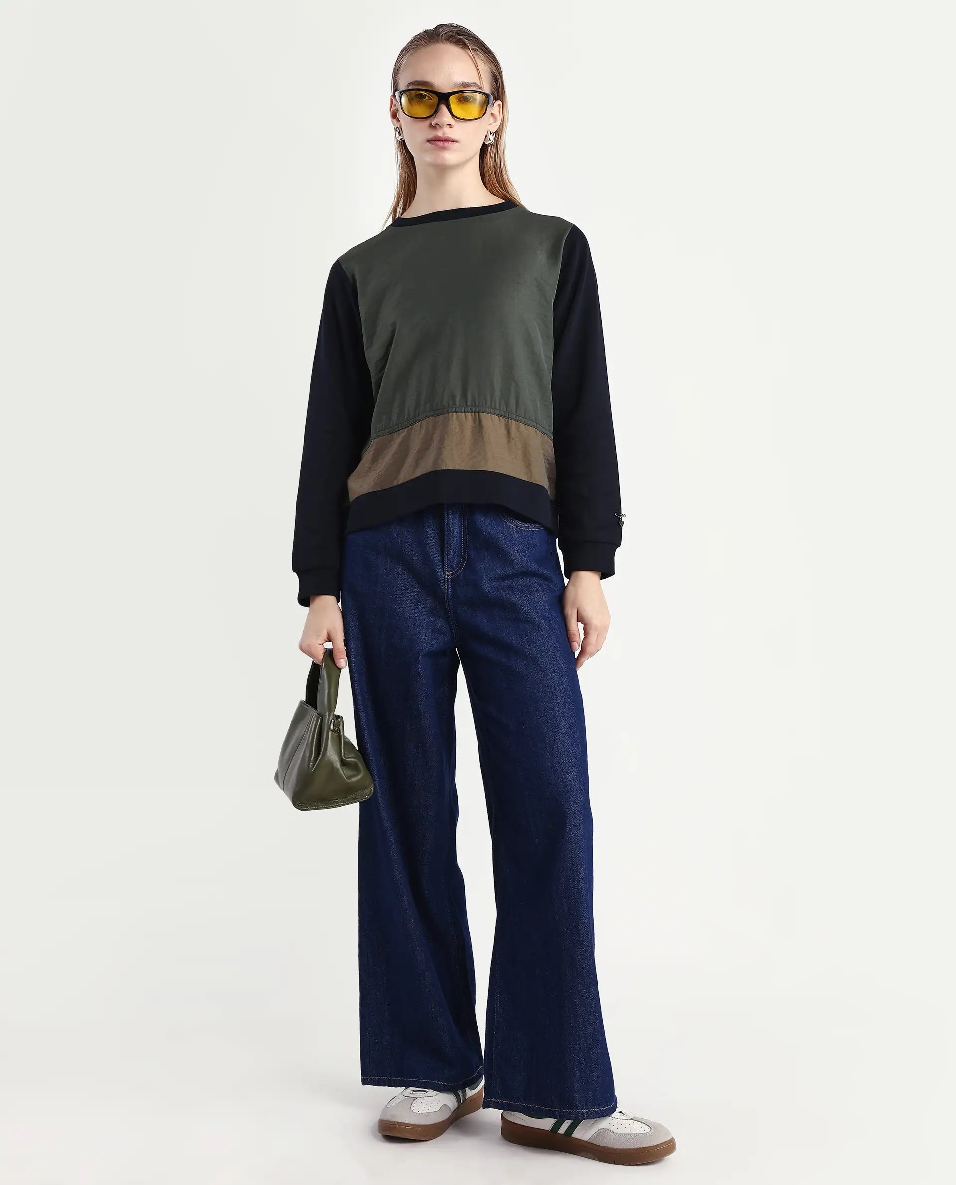 Rareism Women's Melone Dark Olive Cotton Blend Crew Neck Plain Relaxed Fit Sweatshirt