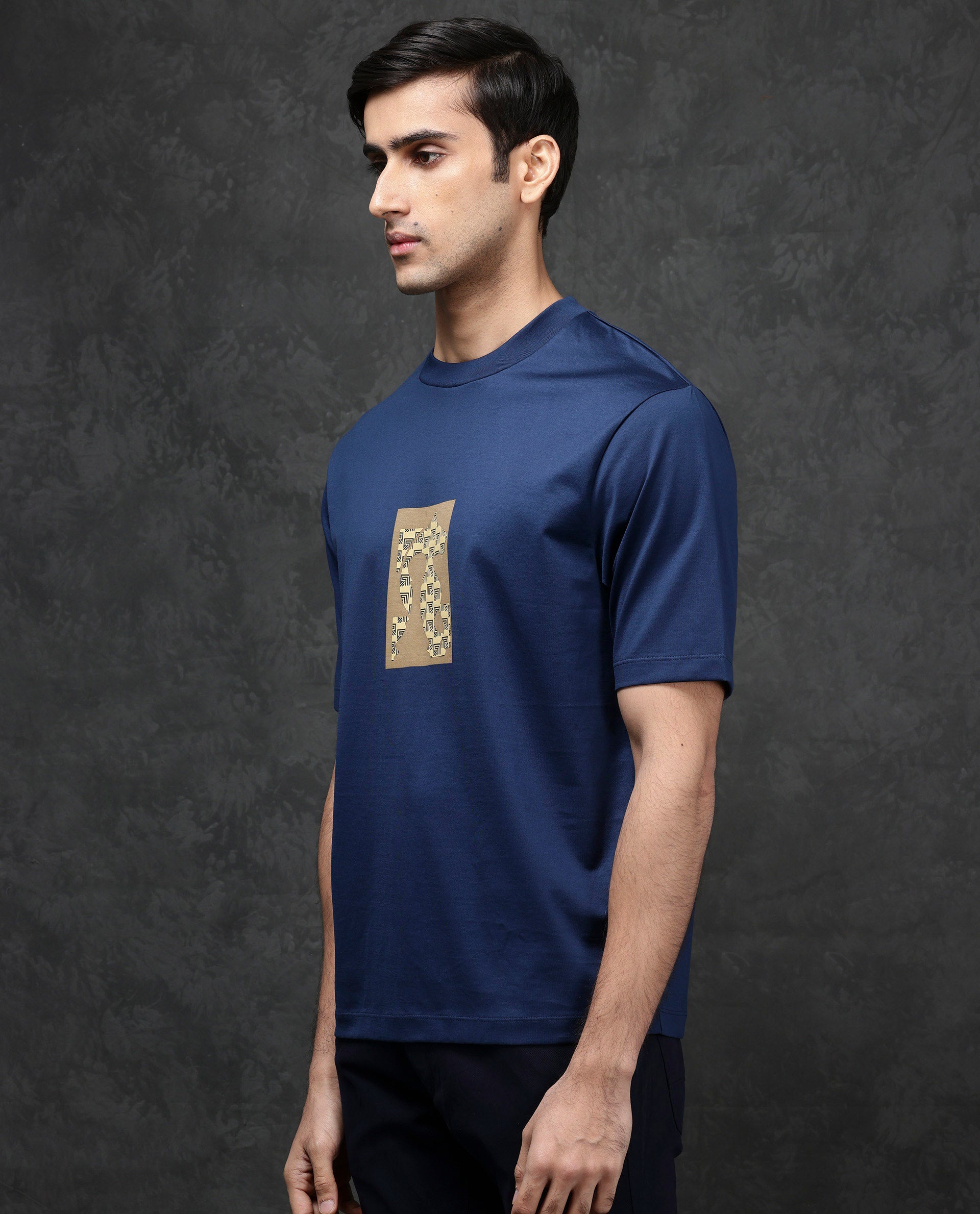 Rare Rabbit Men Melor Dark Blue Cotton Blend Fabric HD Monogram Print Oversized Fit Premium T-shirt