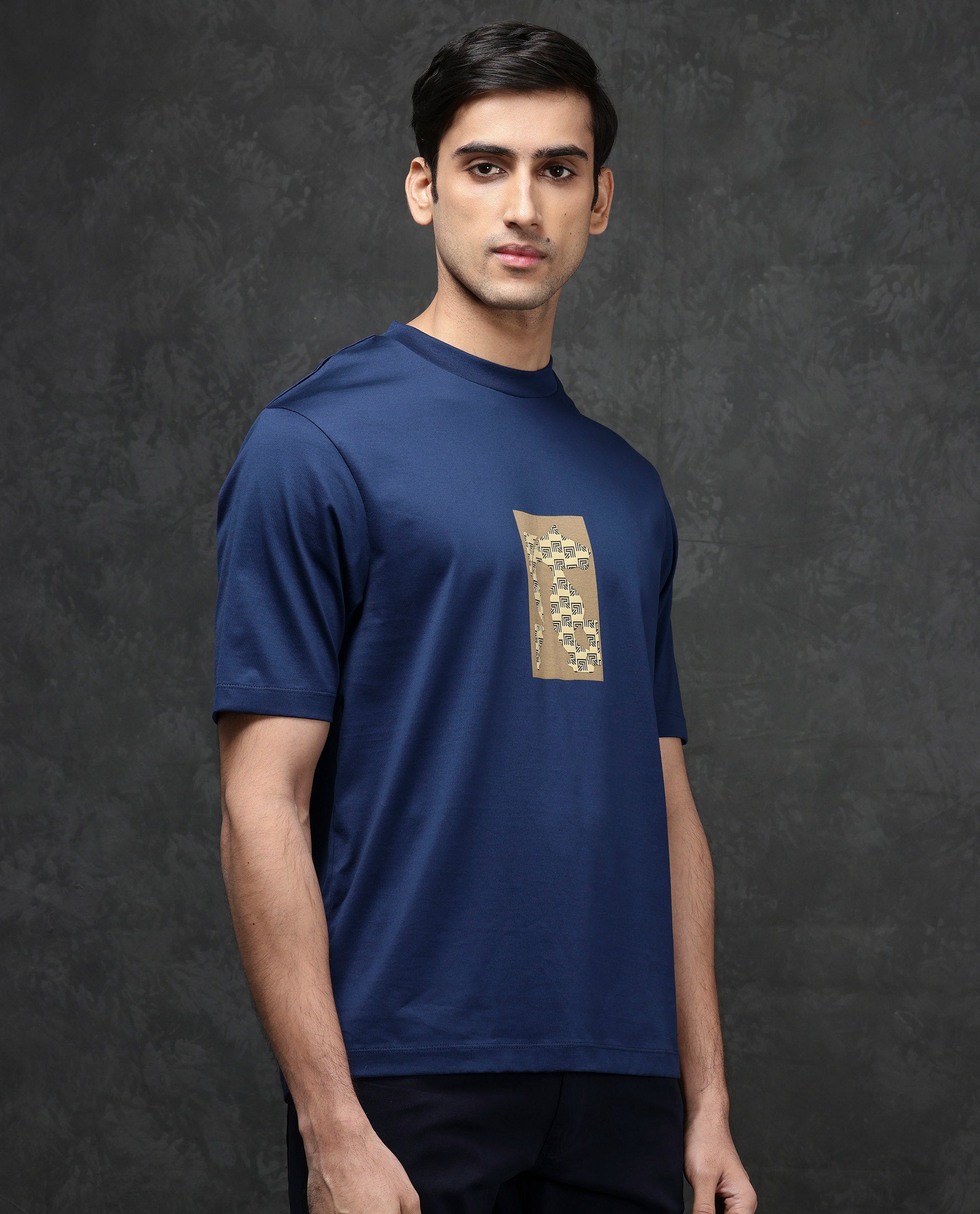 Rare Rabbit Men Melor Dark Blue Cotton Blend Fabric HD Monogram Print Oversized Fit Premium T-shirt