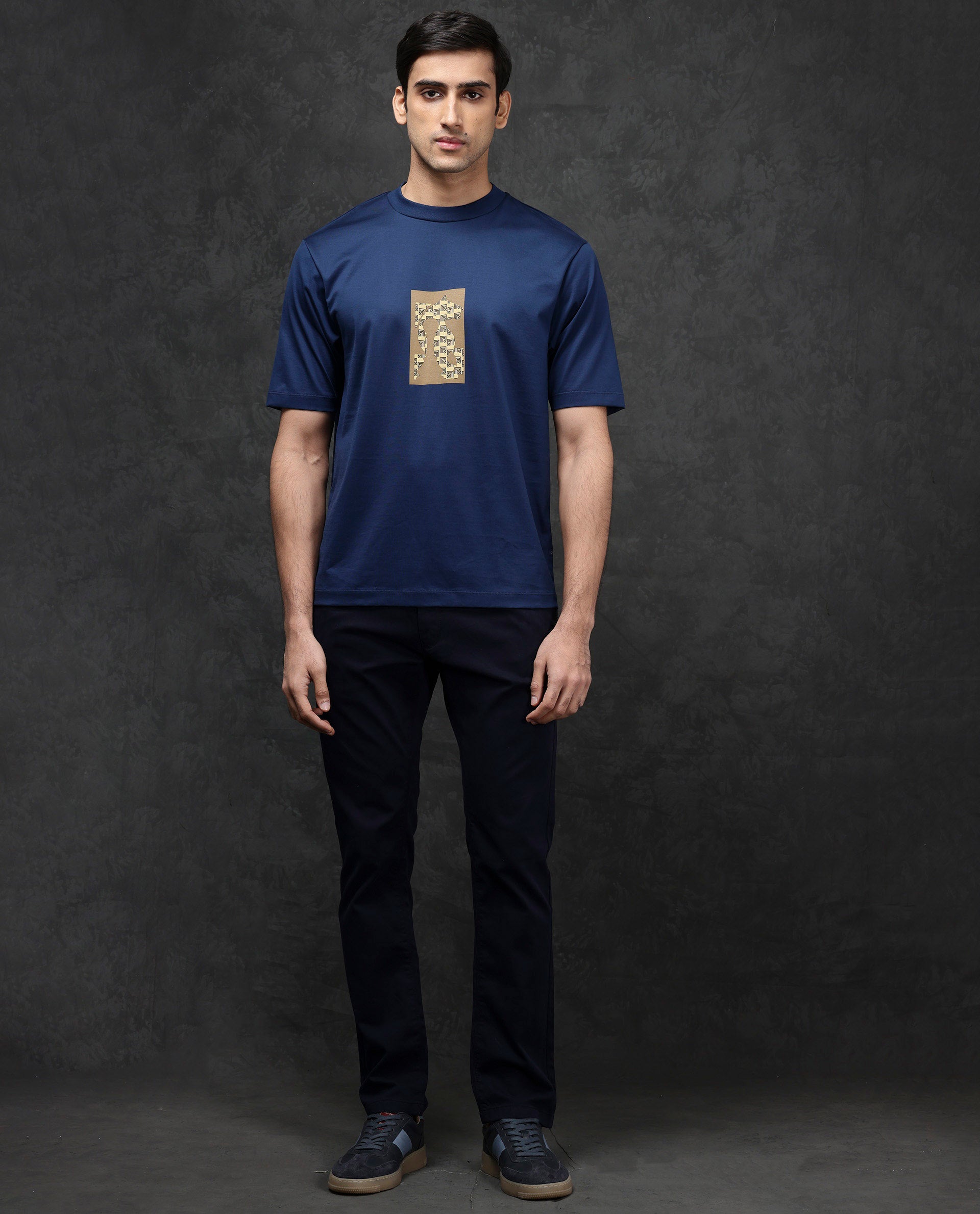 Rare Rabbit Men Melor Dark Blue Cotton Blend Fabric HD Monogram Print Oversized Fit Premium T-shirt