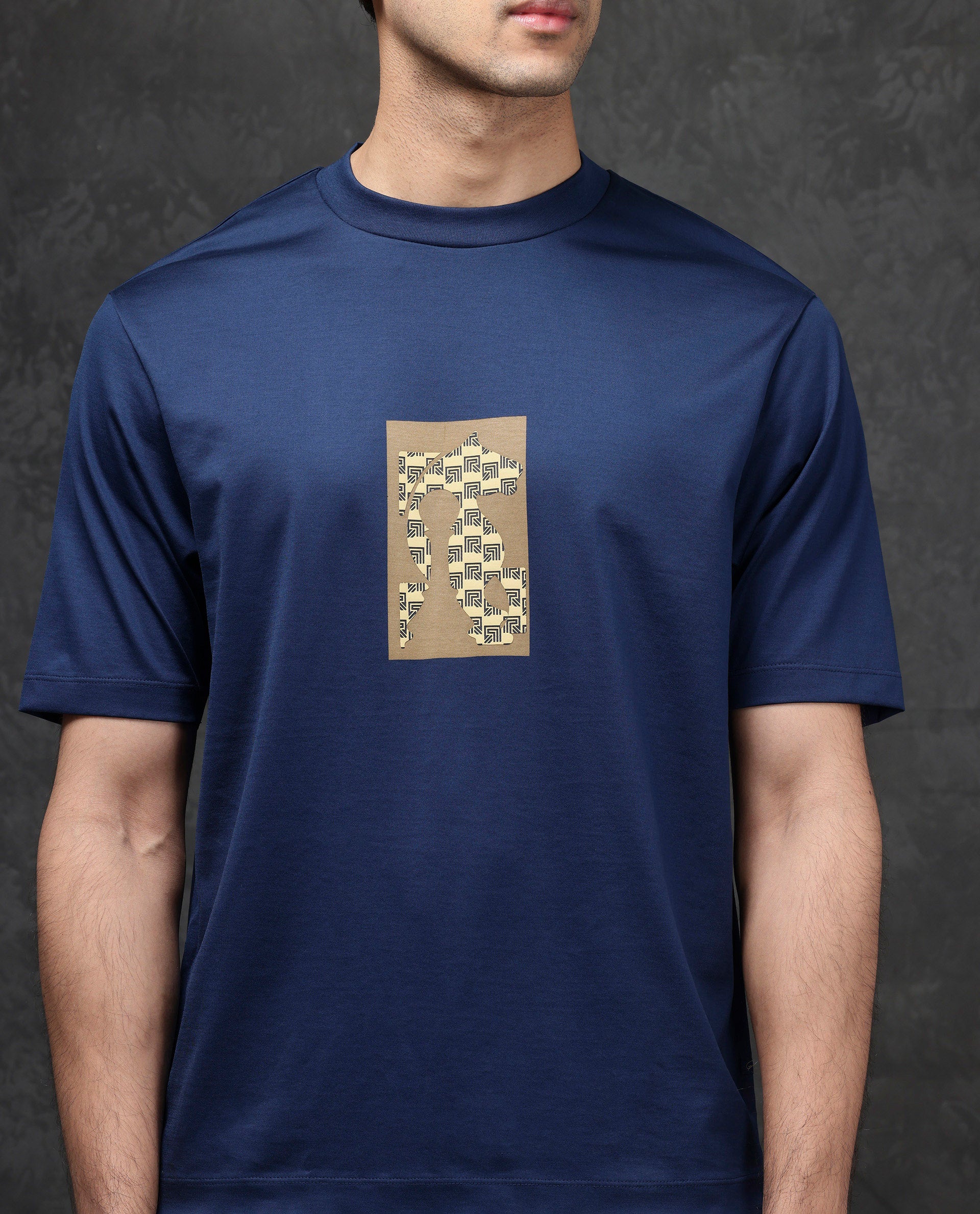 Rare Rabbit Men Melor Dark Blue Cotton Blend Fabric HD Monogram Print Oversized Fit Premium T-shirt