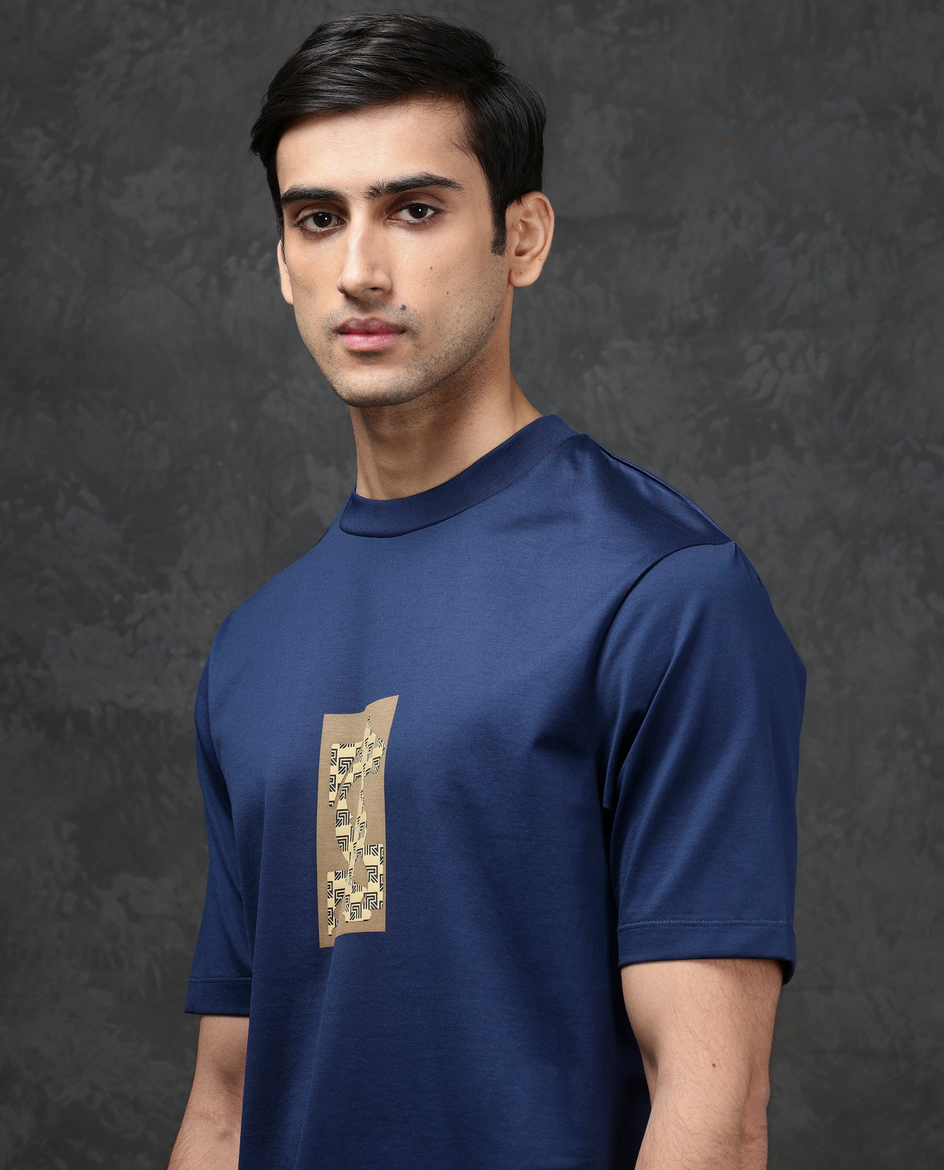 Rare Rabbit Men Melor Dark Blue Cotton Blend Fabric HD Monogram Print Oversized Fit Premium T-shirt