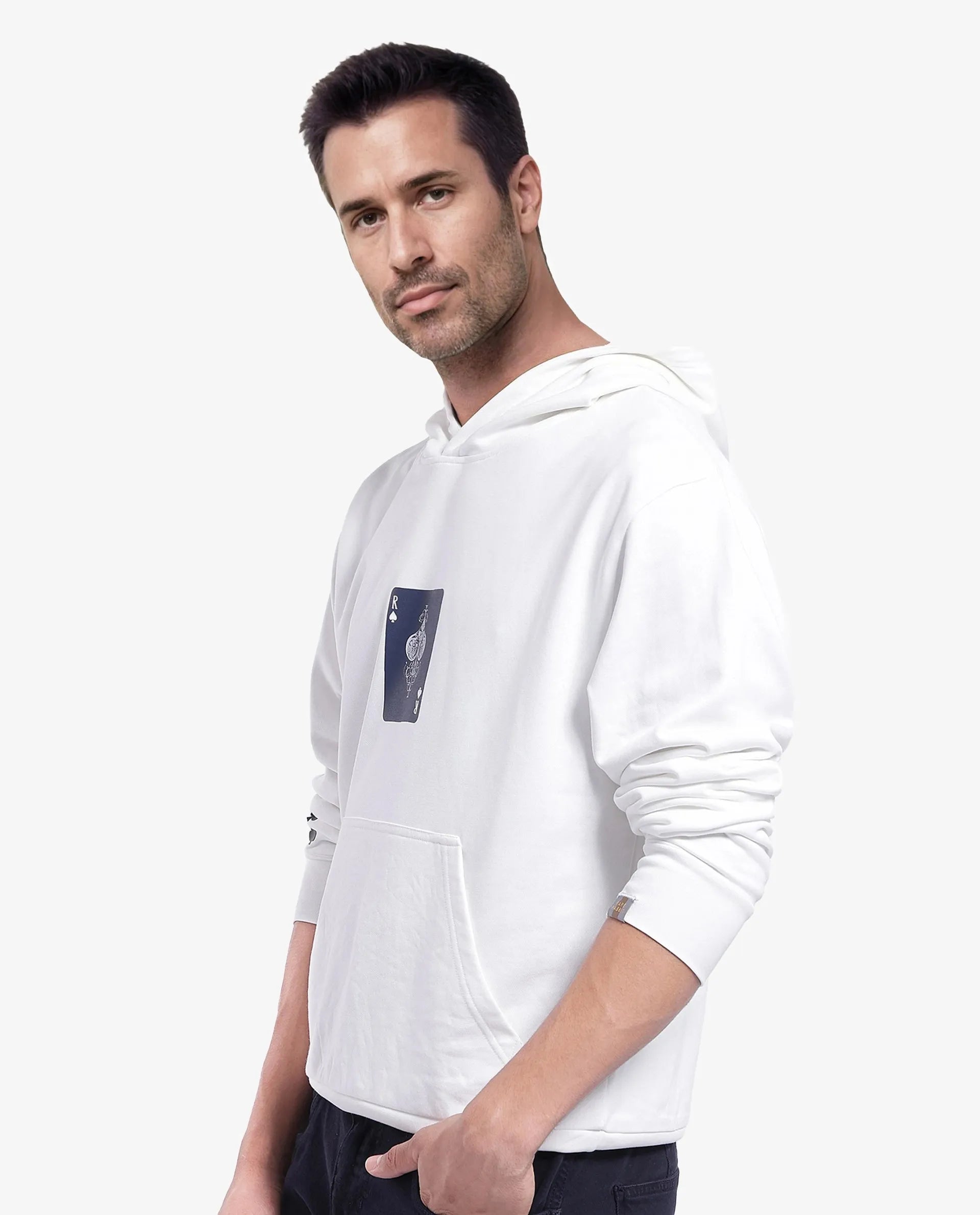 Rare Rabbit Men Meloro Off White Cotton Polyester Fabric Full Sleeve Hooded Regular Fit Printed Sweatshirt