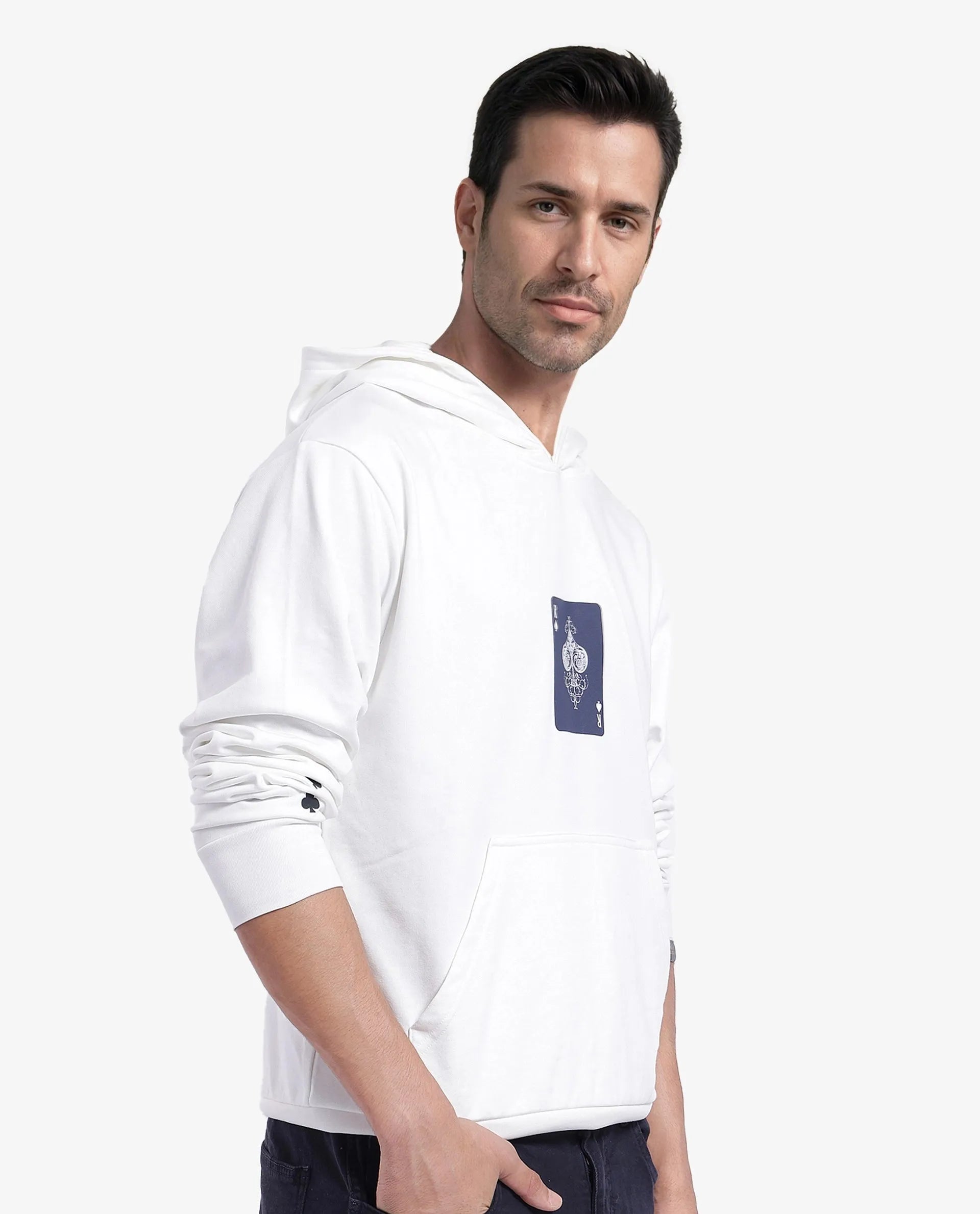 Rare Rabbit Men Meloro Off White Cotton Polyester Fabric Full Sleeve Hooded Regular Fit Printed Sweatshirt