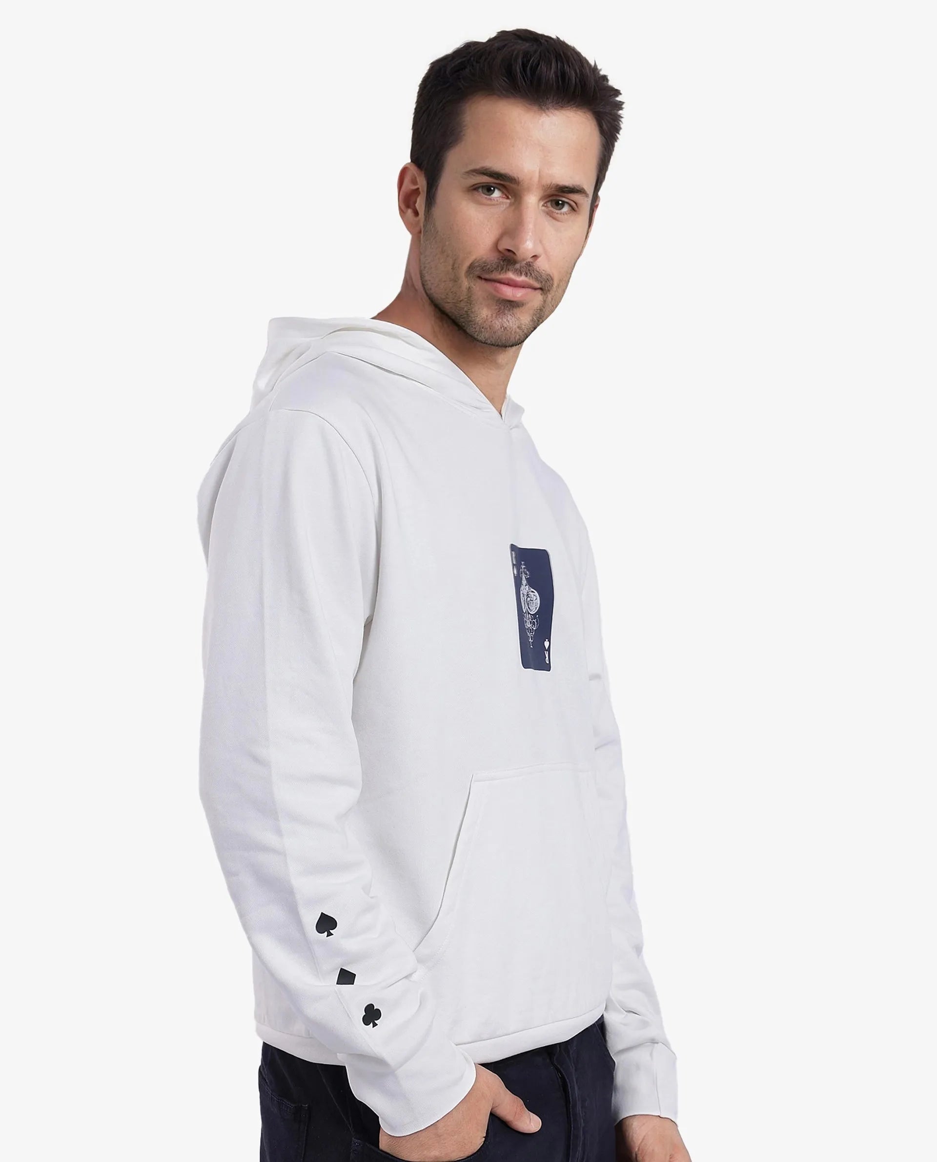 Rare Rabbit Men Meloro Off White Cotton Polyester Fabric Full Sleeve Hooded Regular Fit Printed Sweatshirt