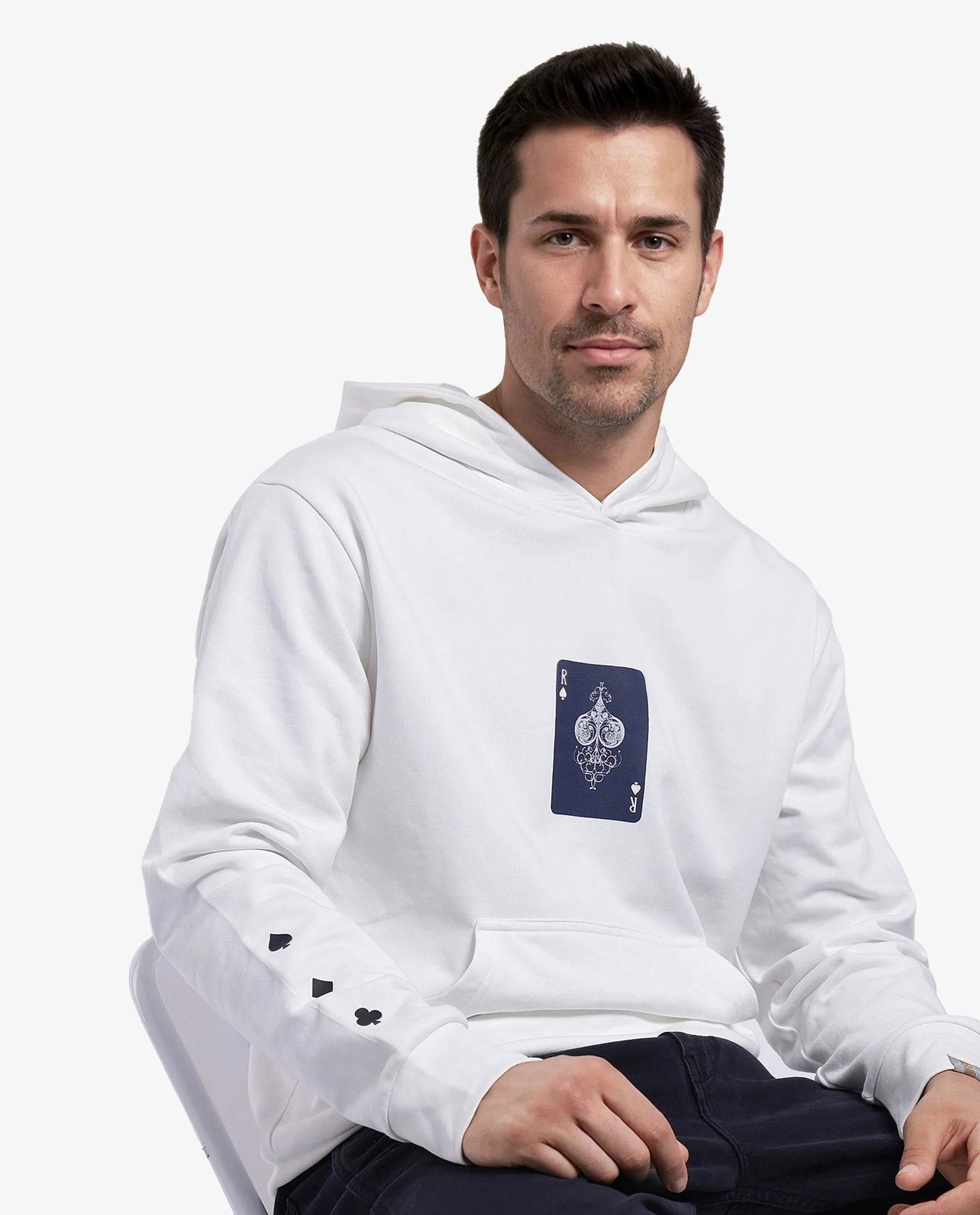 Rare Rabbit Men Meloro Off White Cotton Polyester Fabric Full Sleeve Hooded Regular Fit Printed Sweatshirt