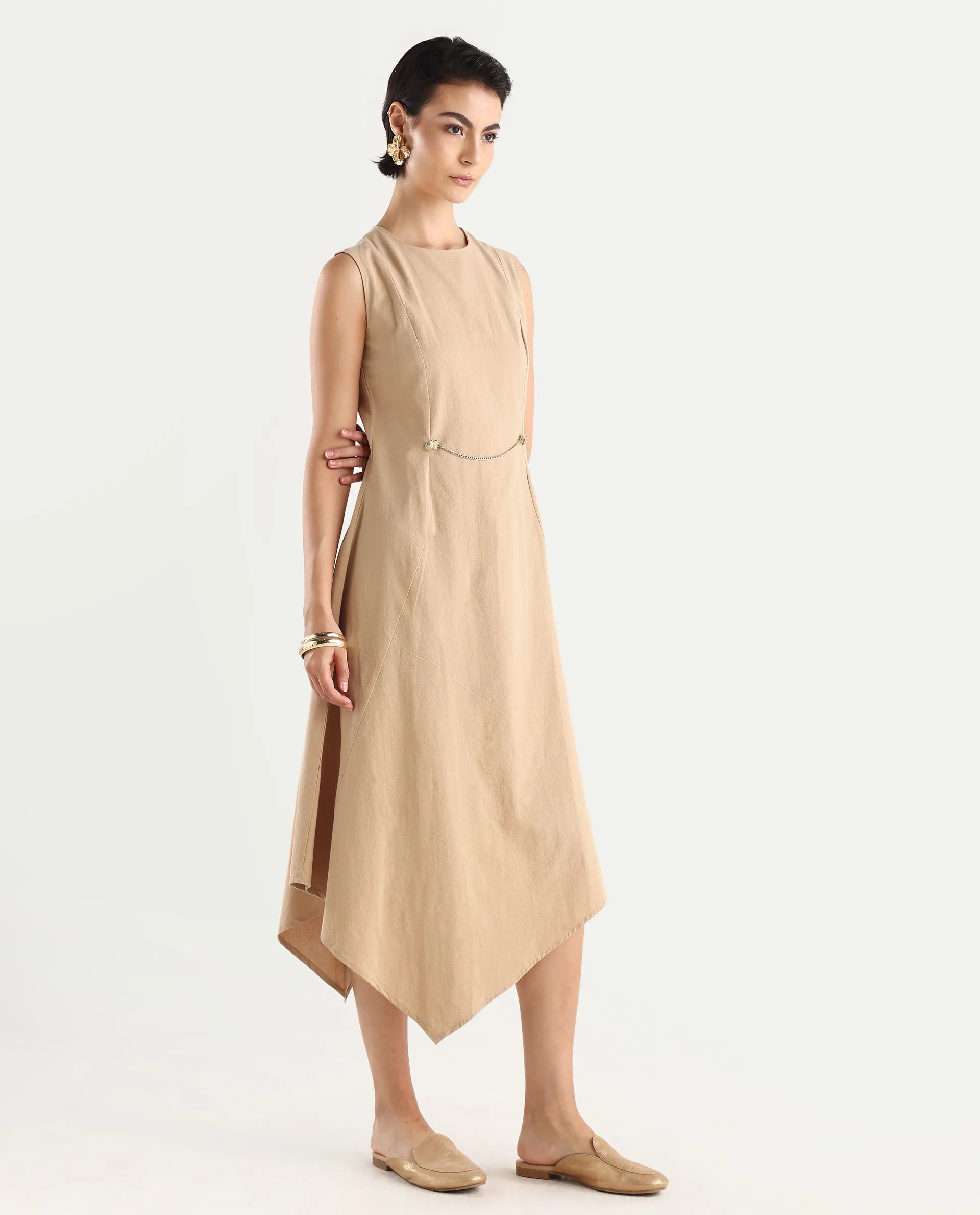 Rareism Women's Melrick Beige Cotton Crew Neck Plain Sleeveless Maxi A-Line Dress