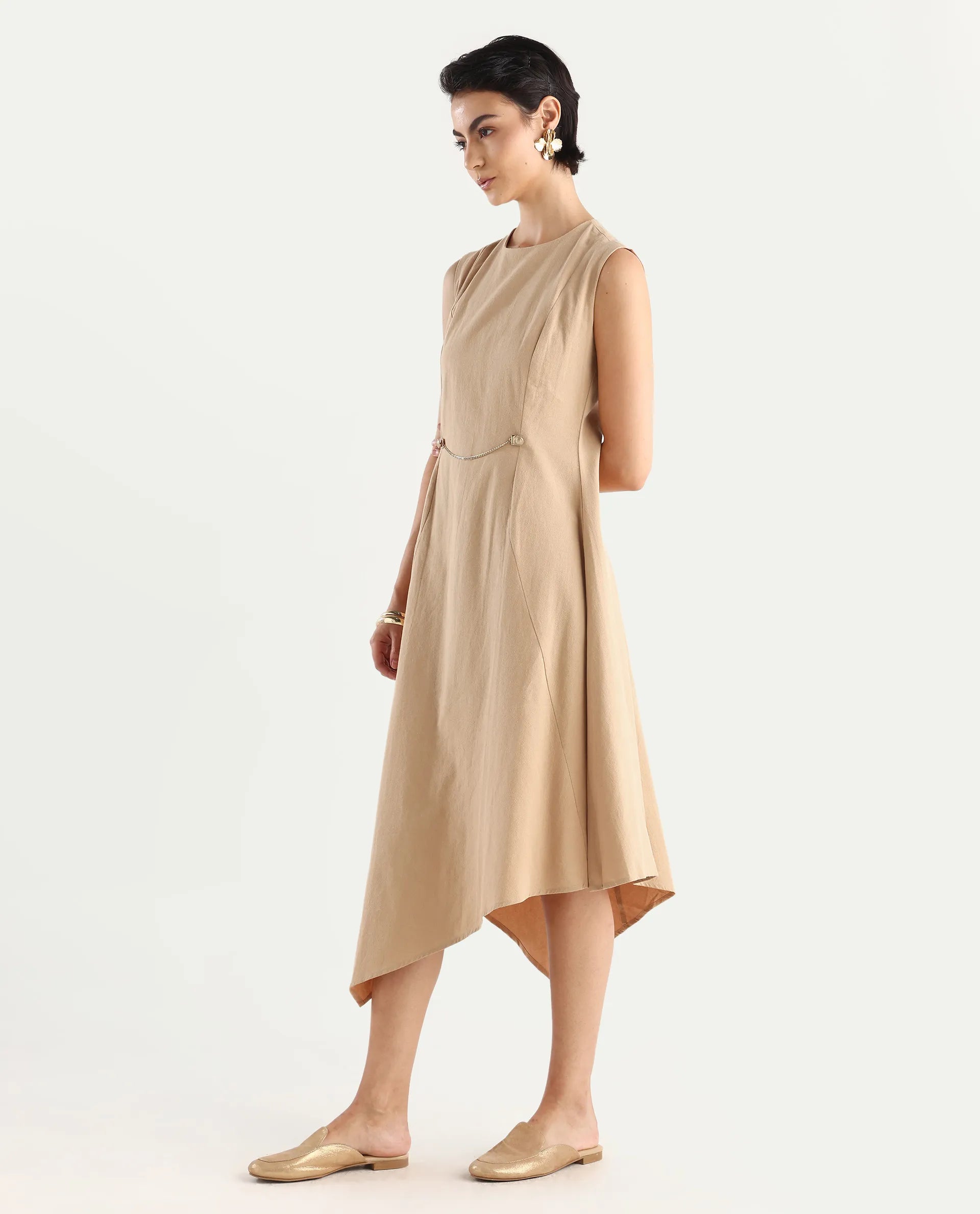 Rareism Women's Melrick Beige Cotton Crew Neck Plain Sleeveless Maxi A-Line Dress